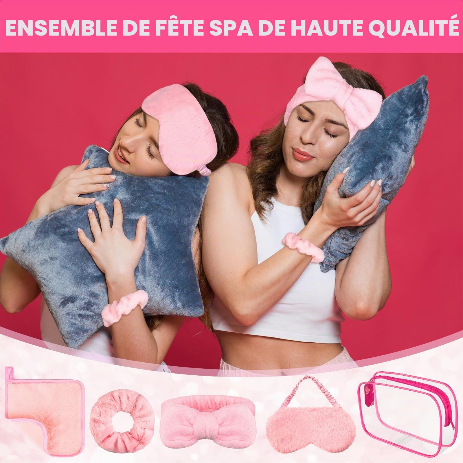 Lot de 30 accessoires de fête pyjama pour filles comprenant 6 bandeaux à nœud rose, 6 masques de sommeil en peluche, 6 chouchous en velours, 6 chiffons démaquillants et 6 trousses cosmétiques en PVC