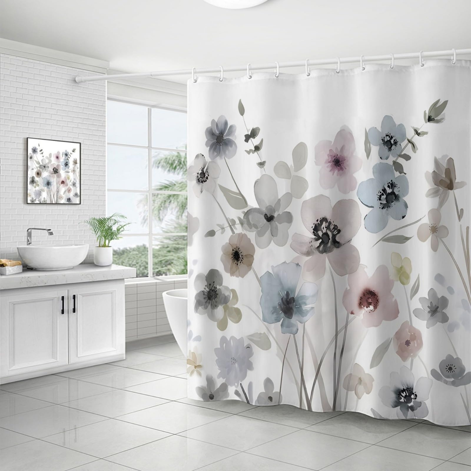 Shower Curtains Grey Blue Flower Wet Room Shower Curtain Mould Proof Resistant Waterproof Polyster Fabric Washable with 12 Hooks Garden Bathroom Curtains (180x180cm)