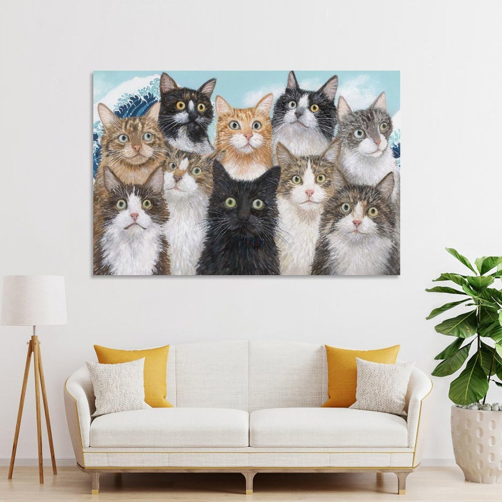 Junmoney Unframe-Style-13 Cats In The Style Of Hokusai Room Decor Wall Art, 24X36inch(60X90cm), For Entrance Walls, Hall Decor Or Foyers, A Neat Decor Update For Hallways