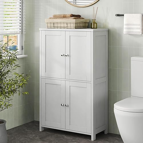 Nuturelly Bathroom Floor Storage Cabinet, Bathroom Organizers and Storage with Top Board & Metal Handles for Kitchen, White