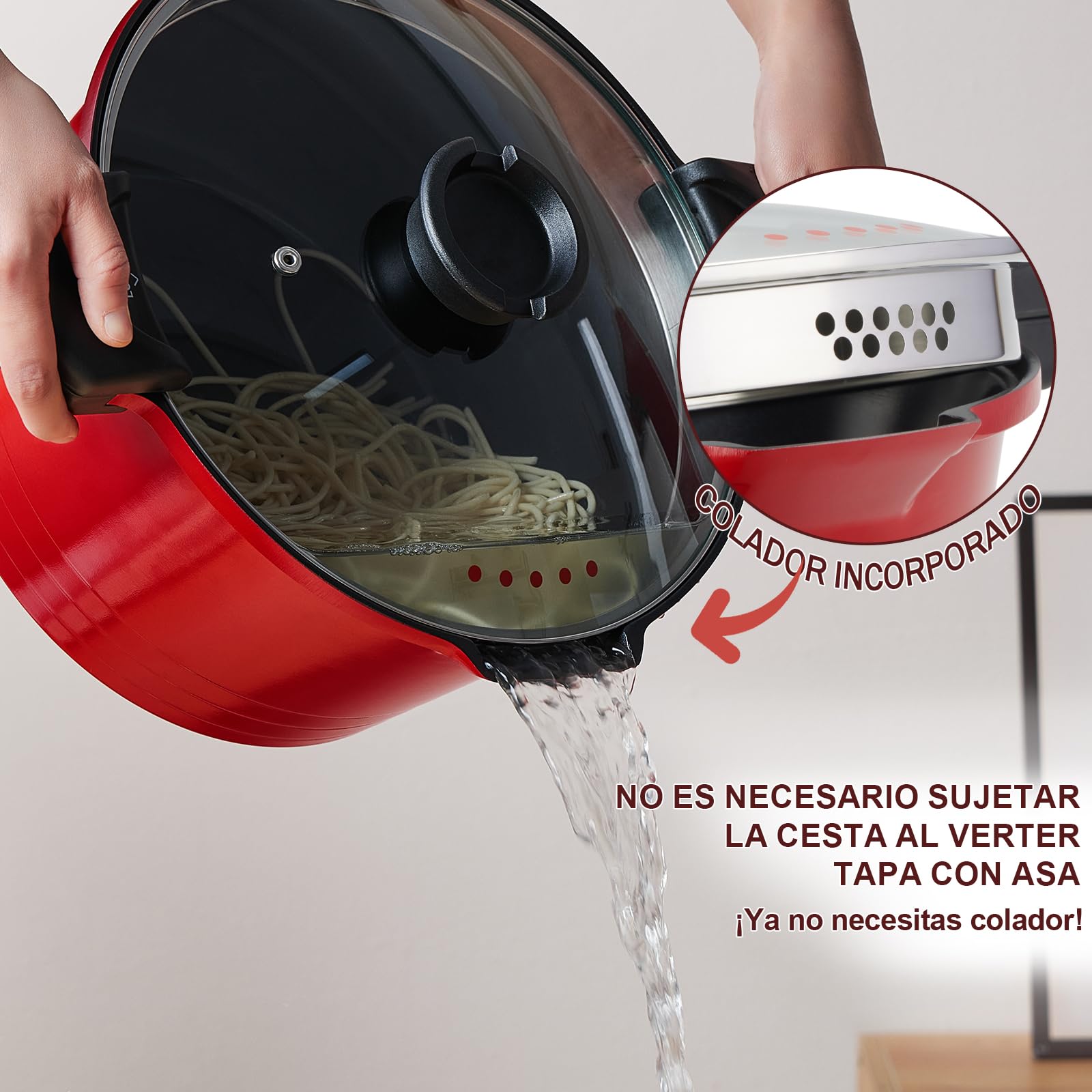 ROSSETTO Olla para pasta Tradicional 24 cm, Cesta, Tapa de Vidrio, Rojo | Cocción versátil con gran capacidad y cuerpo de aluminio fundido. Compatible con todo tipo de cocinas, incluida la inducción