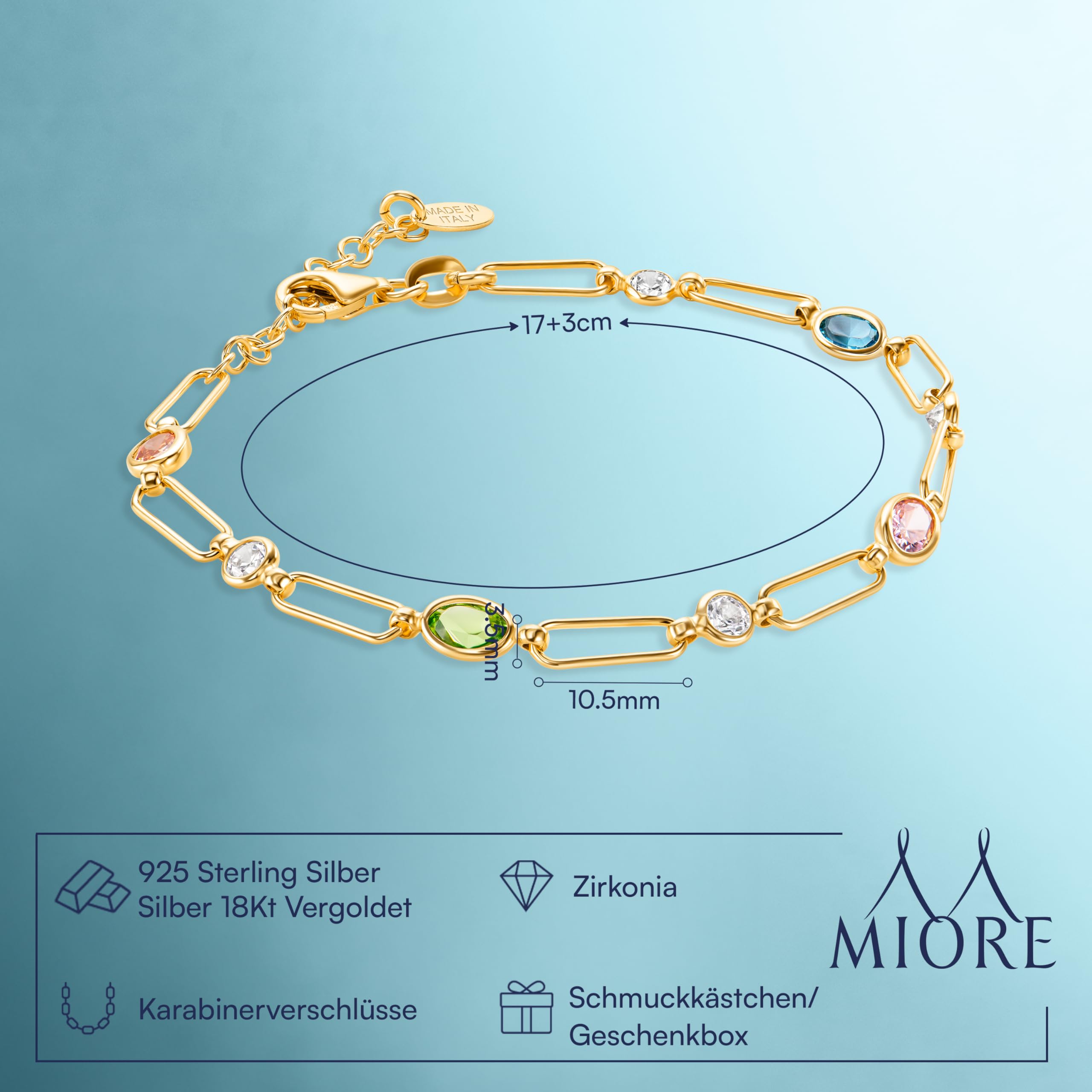 MIORE Armband Damen, 18 Karat vergoldetes 925 Sterlingsilber, Armband Silber Damen, 8 bunte Zirkonia Steine, Armkette 17-20 cm, Karabinerverschluss, Made in Italy, Schmuck Damen, mit Schmuckbox