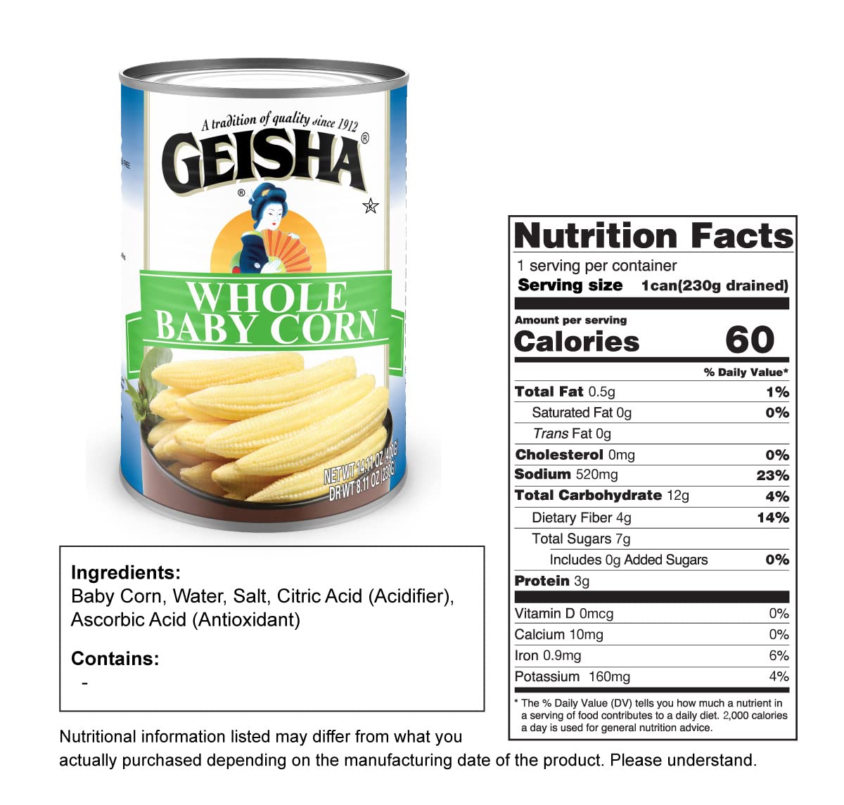 GEISHA Whole Baby Corn 14.11 oz (Pack of 12), Young Corn| Zero Trans Fat – Zero Saturated Fat – Good Source of Fiber – No Sugar Added – Gluten Free