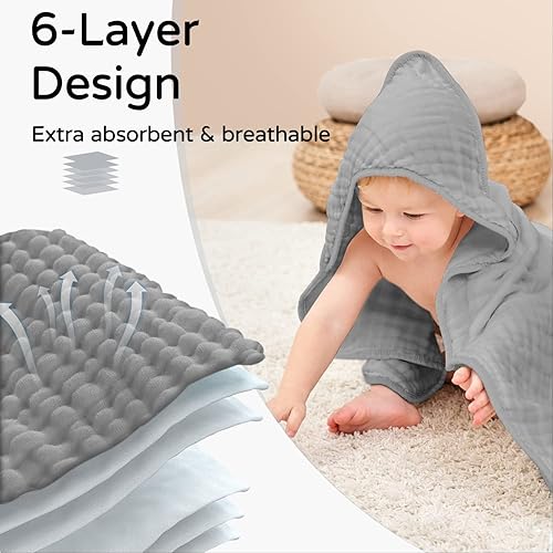 Miniatura 3 de Yoofoss - Paquete de 2 toallas de baño con capucha, 100% de muselina de algodón, para bebés y niños pequeños, suaves y absorbentes, esenciales para