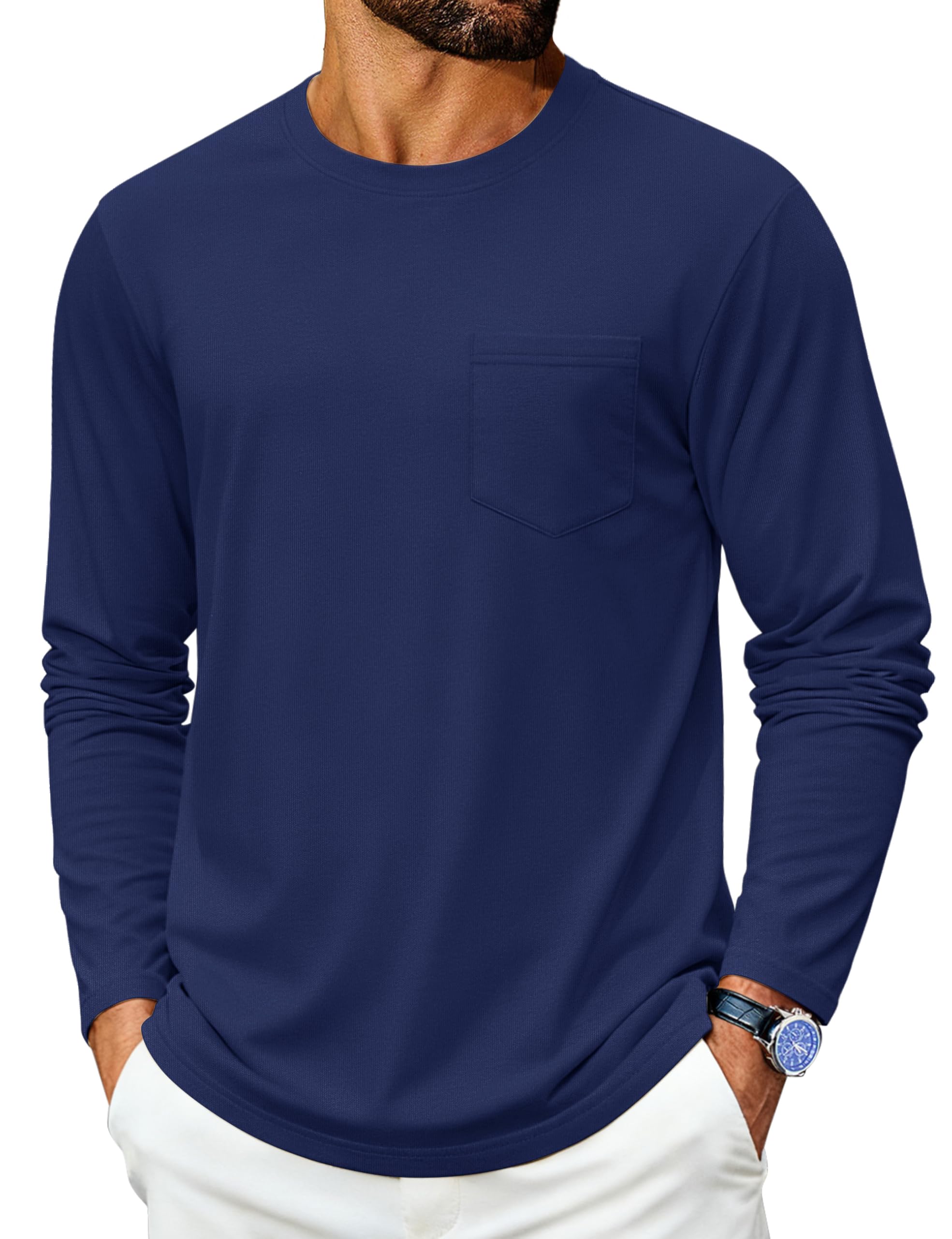 Cotrasen Mens Long Sleeve Shirts Cotton Crew Neck Pocket T Shirts Moisture Wicking Soft Comfort Casual Tee Shirts