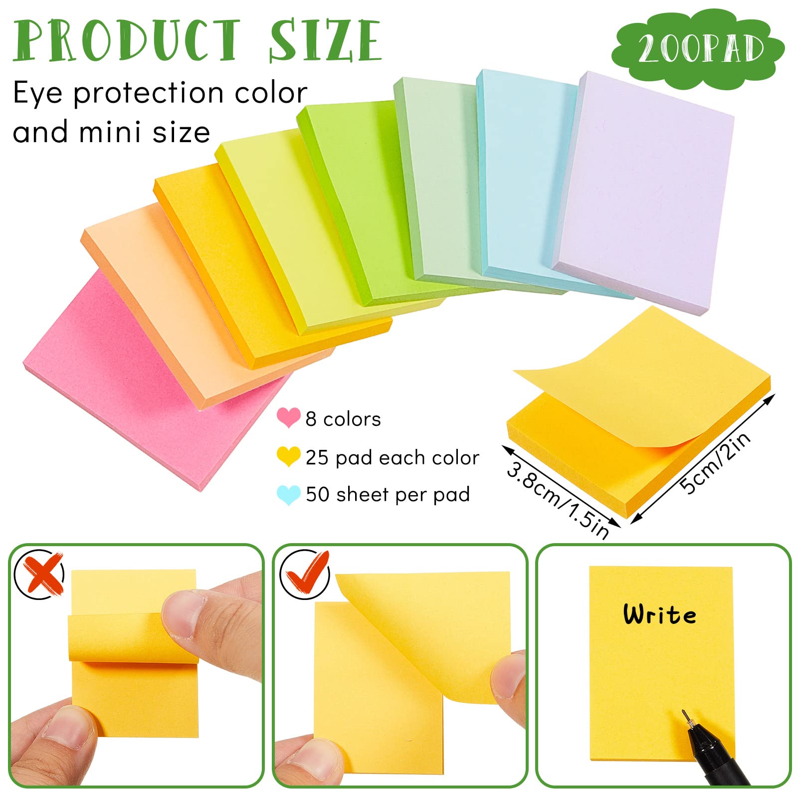 Seajan 200 blocchetti di mini foglietti adesivi, 3,8 x 5,1 cm, piccoli blocchetti autoadesivi, blocchi di carta per appunti, per ufficio, scuola, casa