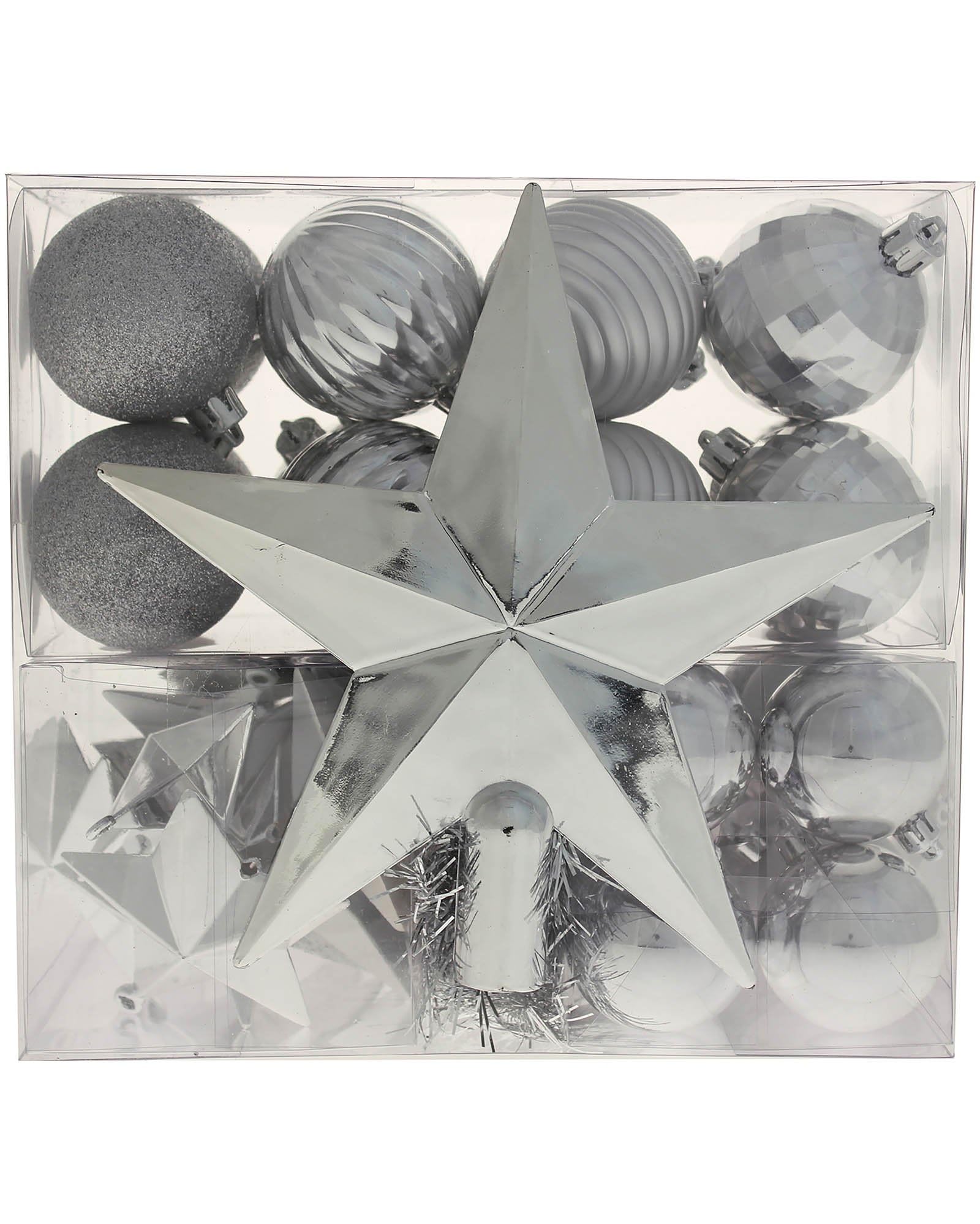 WeRChristmas 42-Piece Shatterproof Baubles Decoration Pack with Tree Topper & Garland - Silver, Silver