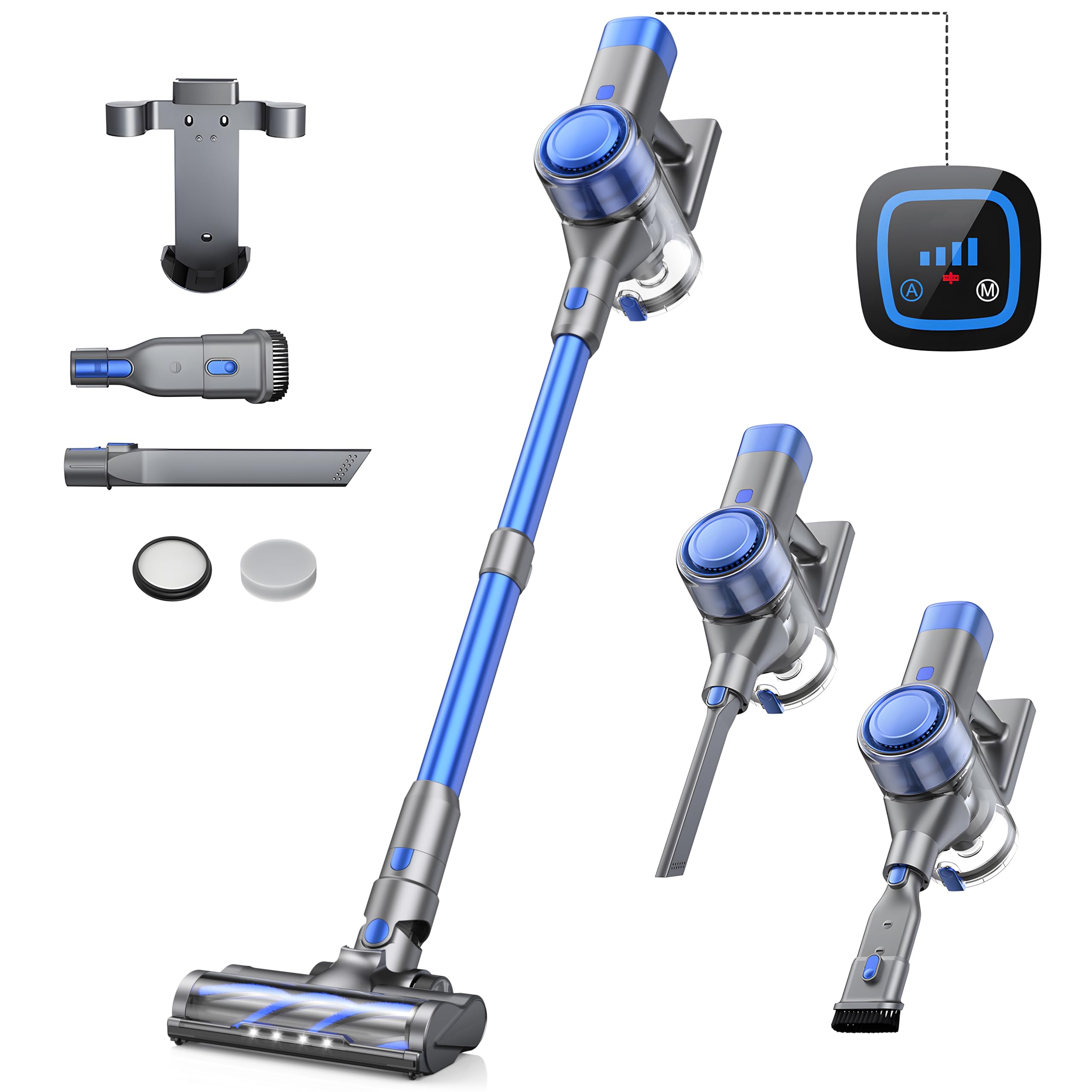 Aspirapolvere Senza Fili 450W/38KPa, Scopa Elettrica Senza Fili con Rilevazione Automatica della Polvere 4 Modes e 55Mins Touchscreen Anti-avvolgimento Aspirapolvere per Pavimenti Tappeti Peli Animali