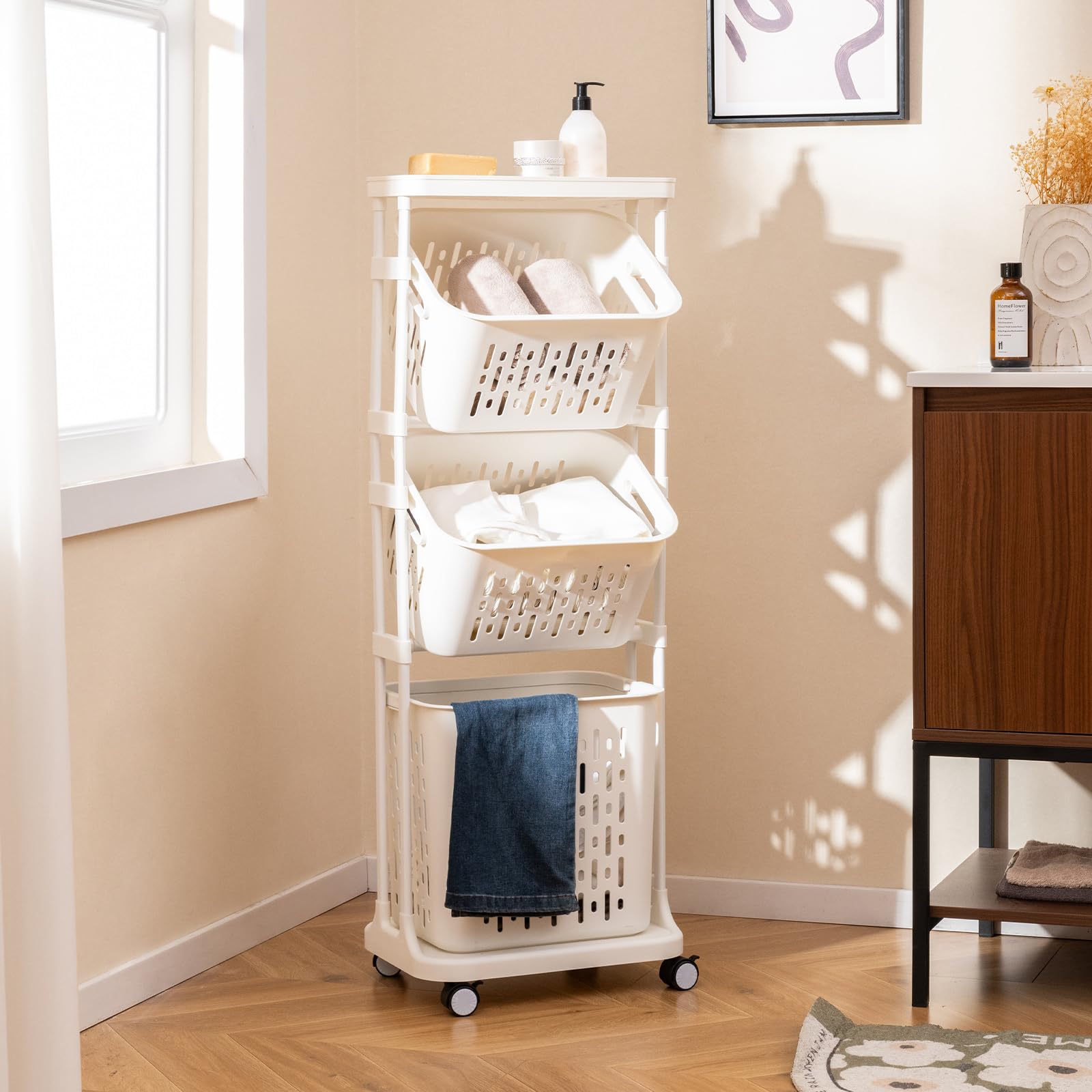 COSTWAY Wäschekorb Ständer, 72L Wäschesammler schmal 30cm breit, großer Korb mit Griff & 2 kleine Körbe mit kippbarem Design, Wäschesortierer Plastik, Rollwagen 3 Fächer, Metallrahmen, beige