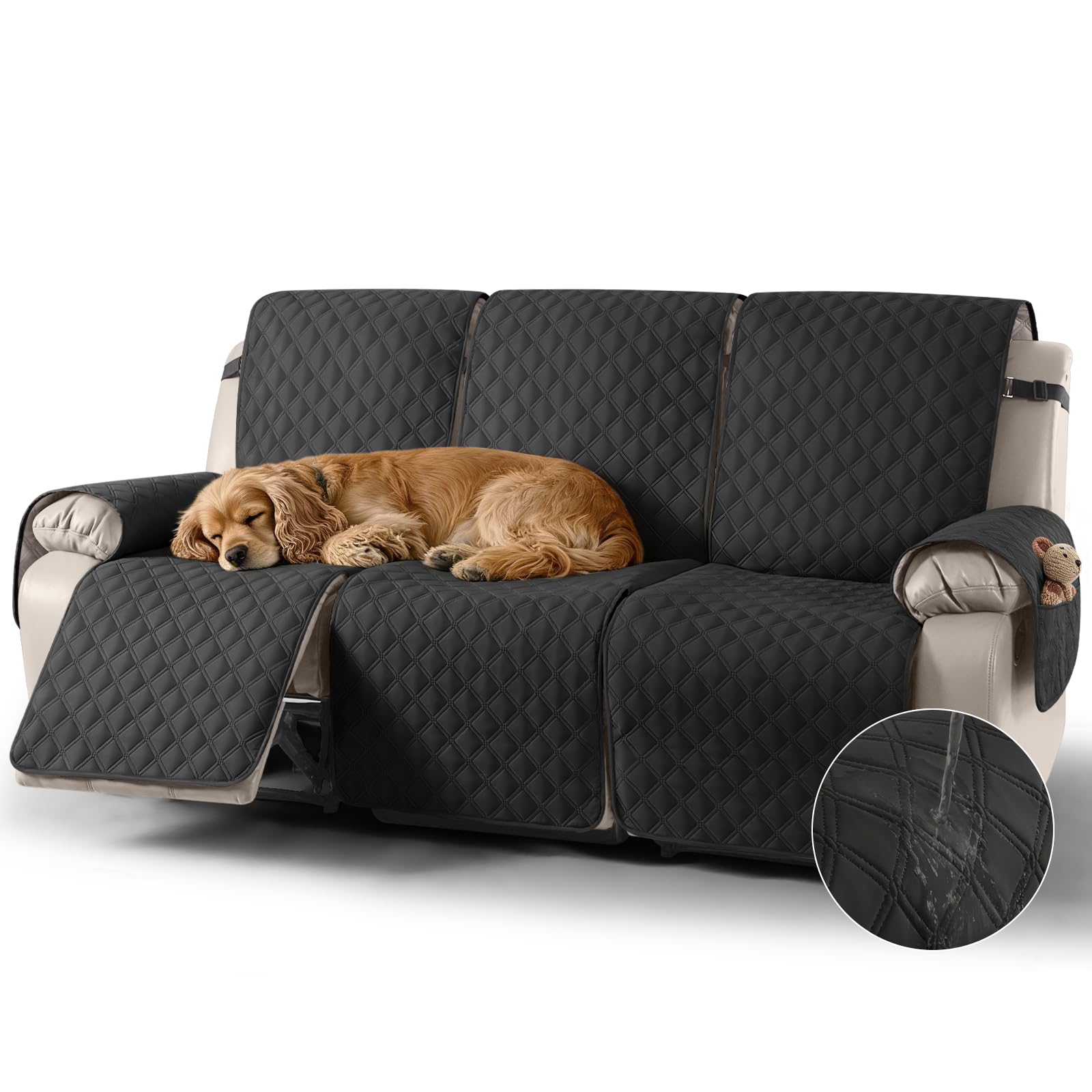 TAOCOCO Recliner Slipcovers,3 Seater Recliner Protector,Waterproof Recliner Covers,Armchair Covers with Pockets,Non Slip Reclining Sofa Covers Arm Chair Covers for Pets/Dogs/Kids(Black) — image 1