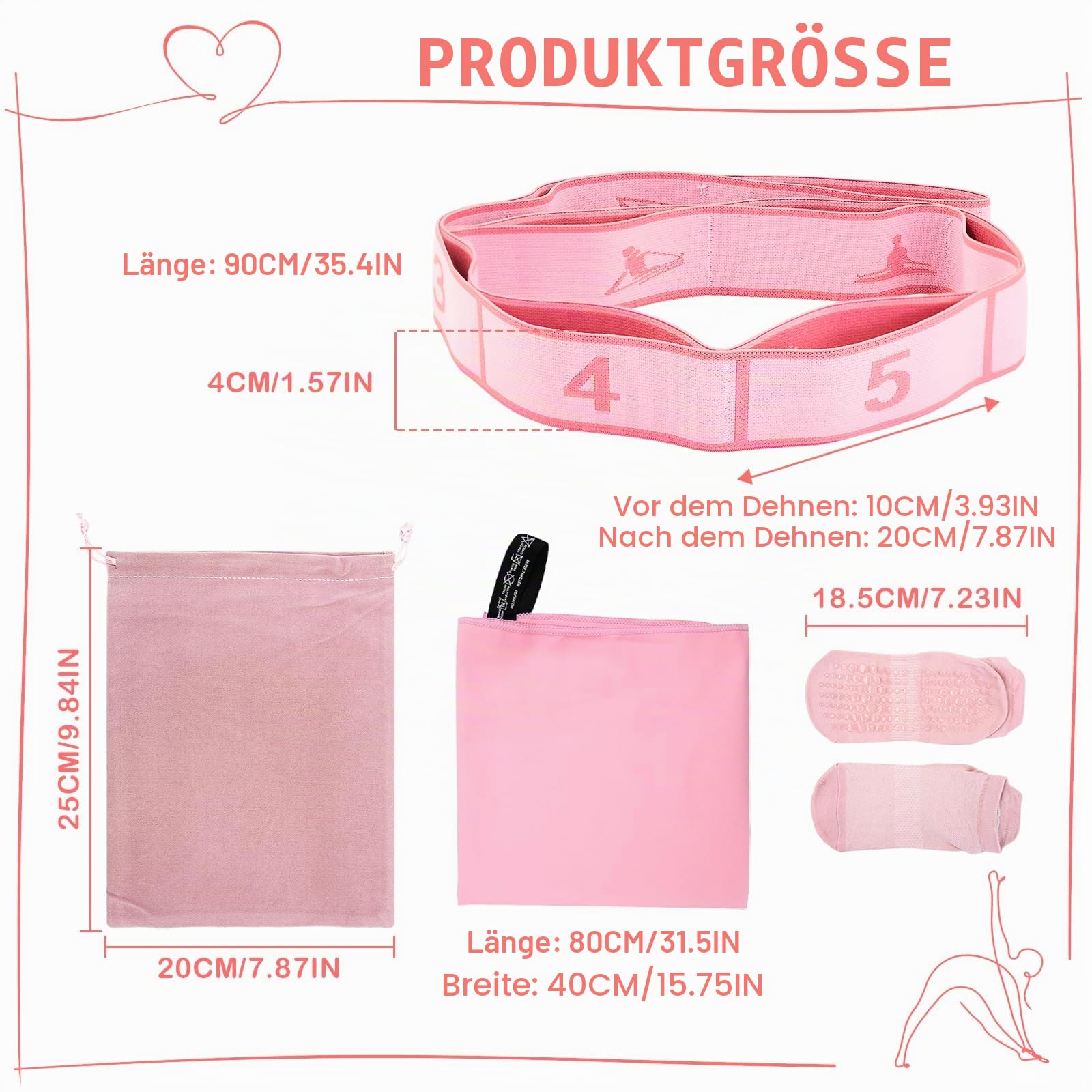 Yoga Set mit 8 Widerstandsstufen – 90cm Yoga Gurt Band mit Motiv, Inkl. Handtuch, Anti-Rutsch Socken & Tragetasche – Für Stretching, Pilates, Fitness