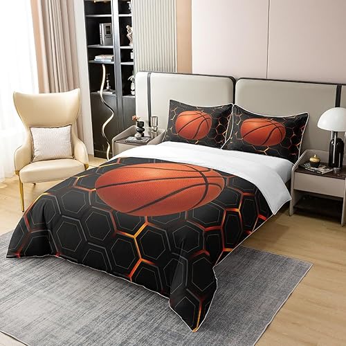 Miniatura 8 de Erosebridal Funda de edredón de baloncesto para niños, color negro y dorado, juego de ropa de cama de 100% algodón, diseño de cancha de baloncesto