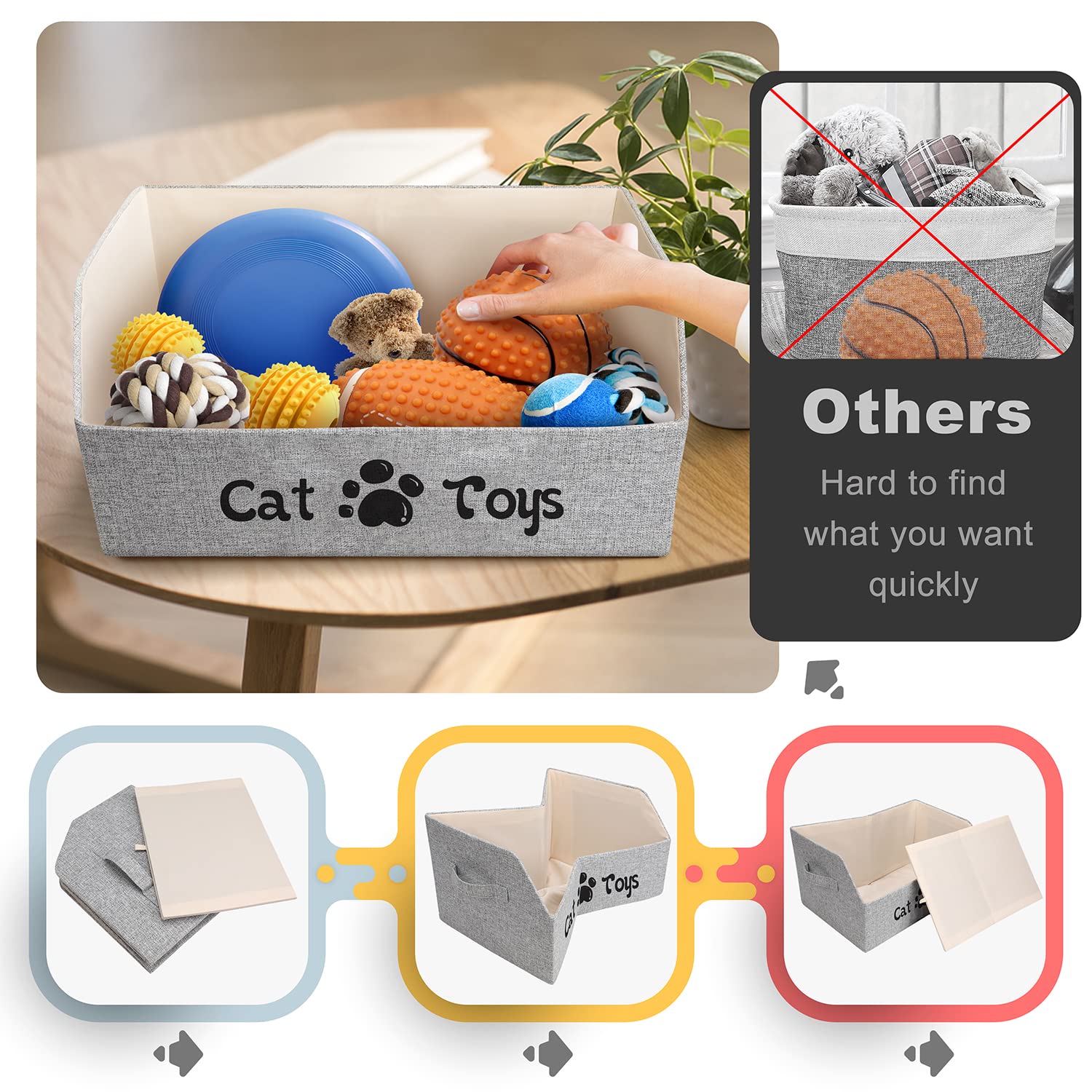 LOVSTORAGE Large Cat Toy Box Cat Toy Storage Basket 2X Thicker Foldable Sturdy Pet Toy Storage Bin Bed for Organizing Pet Toys Treats Clothes and Accessories(Grey) - Image 4