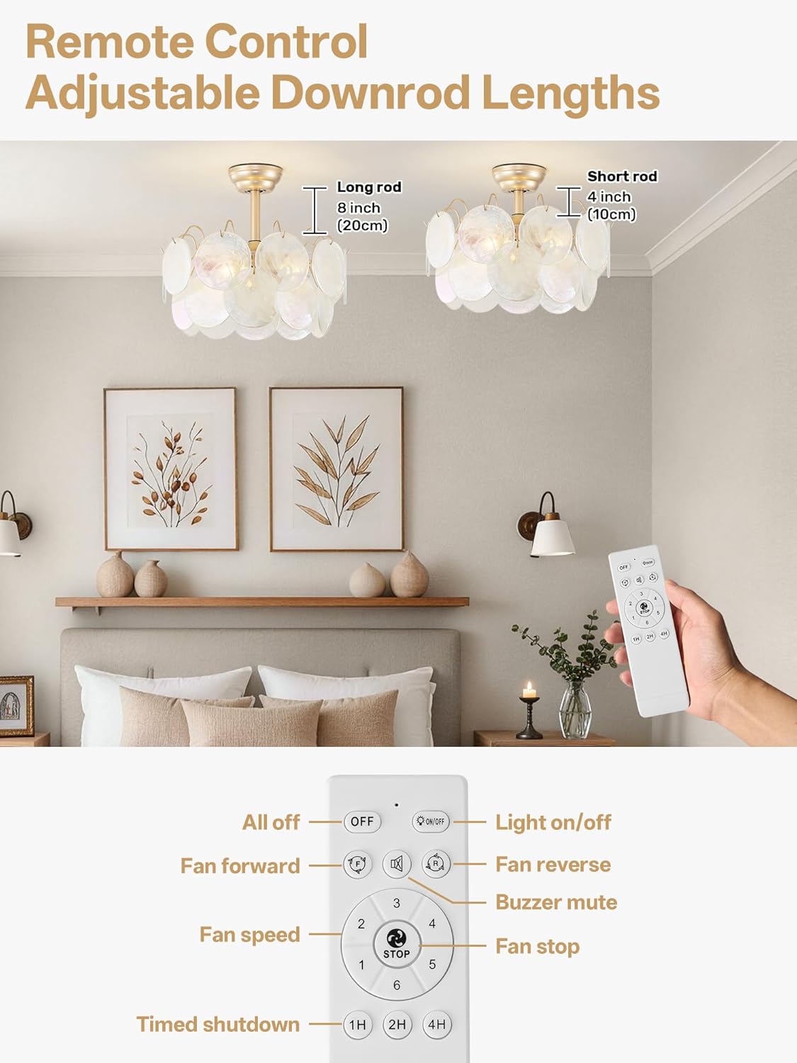 20" Gold Crystal Fandelier Ceiling Fans with Lights, Gold Flower Chandelier Ceiling Fan with Light Remote Control, Caged Mid-Century with 6 Speeds for Girl's Bedroom, Living Room, Nursery