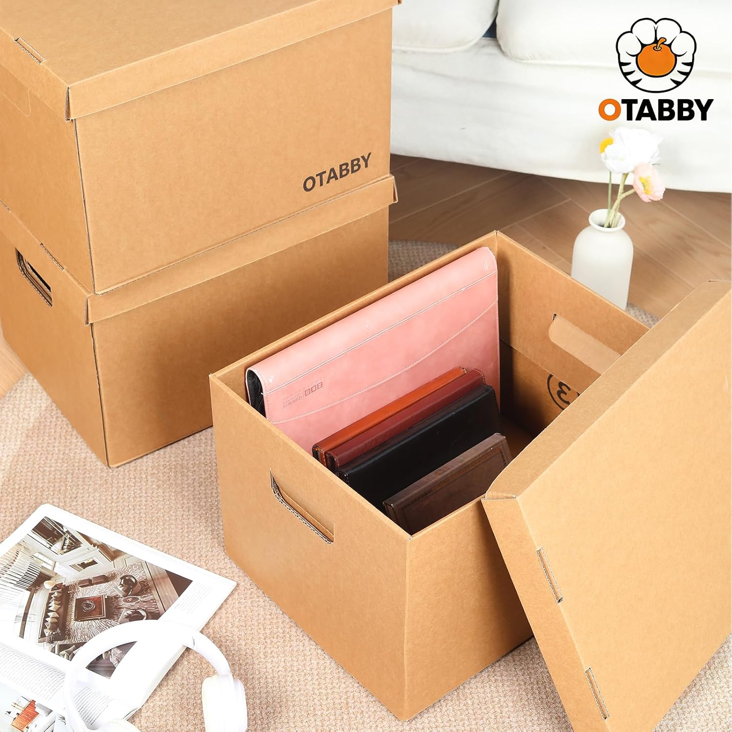 Archival Storage Boxes (4-Pack) - Extra Strong 3-Ply Side Walls, Heavy-Duty Kraft Board, Ready-To-Assemble with Handles and Lids for Files and Photo Storage, Legal/Letter Size 12x16x10 Inches