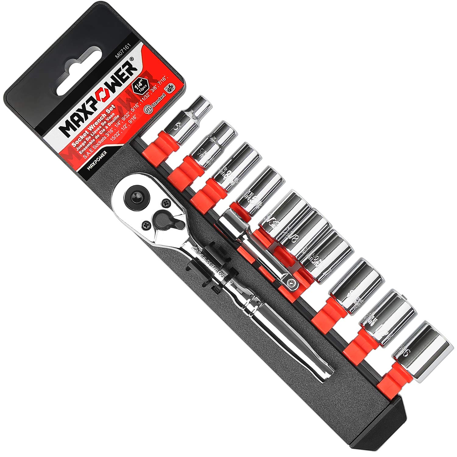 MAXPOWER 11-Piece 3/8" Drive Ratchet Socket Set - Quick Release Handle With 10 SAE Sockets & Hanging Rack, Chrome Vanadium, Lifetime Warranty