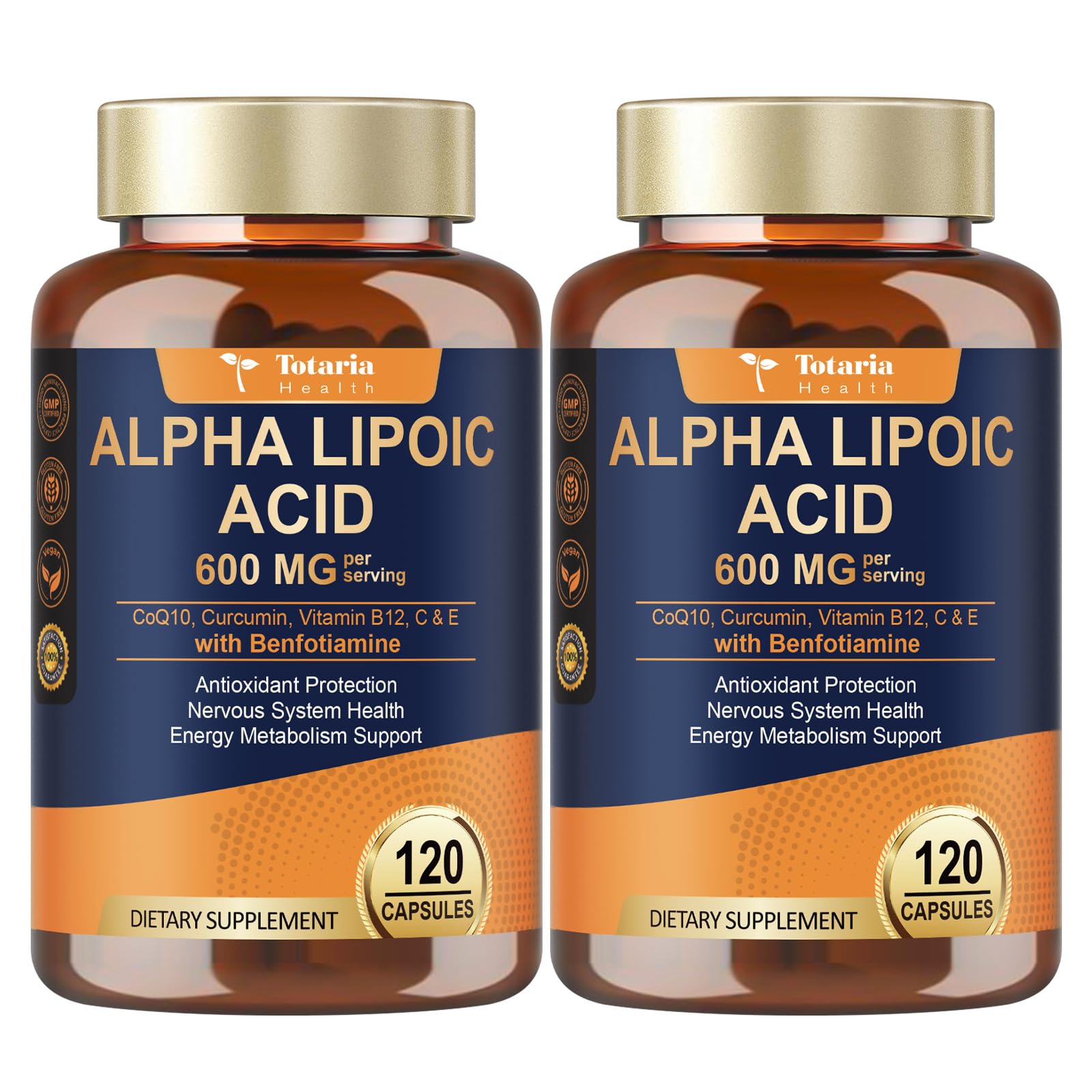 Totaria (2 Packs) Alpha Lipoic Acid 600mg with Benfotiamine 300mg - ALA Supplement Antioxidant for Nerve, Energy & Metabolism Support, Neuropathy Supplement, Anti-Aging, Non-GMO, Gluten Free, Vegan 600mg 120 Count (Pack of 2)