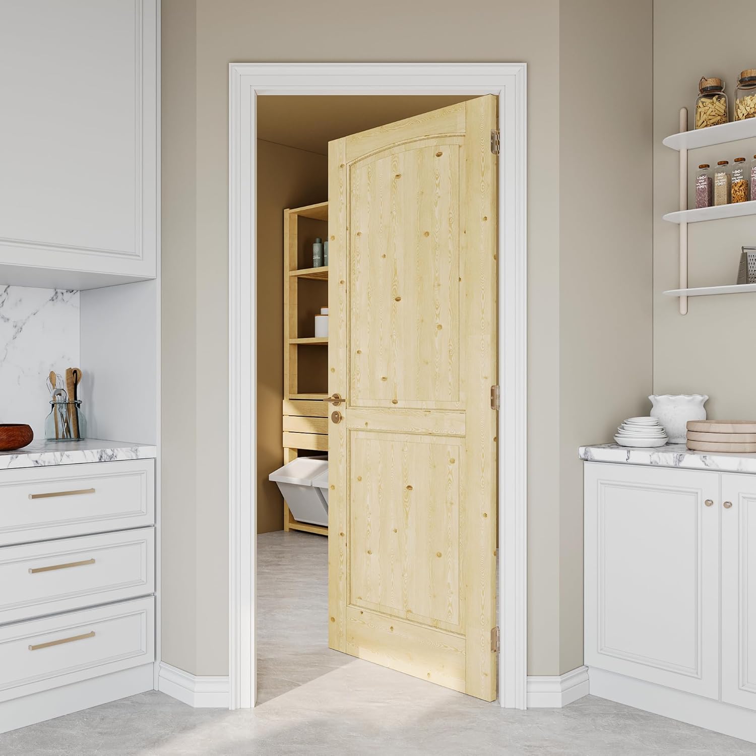 32" x 80" Pine Wood Slab Door, 2-Panel Solid Core Interior French Doors, Uninished Paintable Single Door Panel for Utility Room Pantry Closet as Prehung, Pocket, Bifold Barn Doors