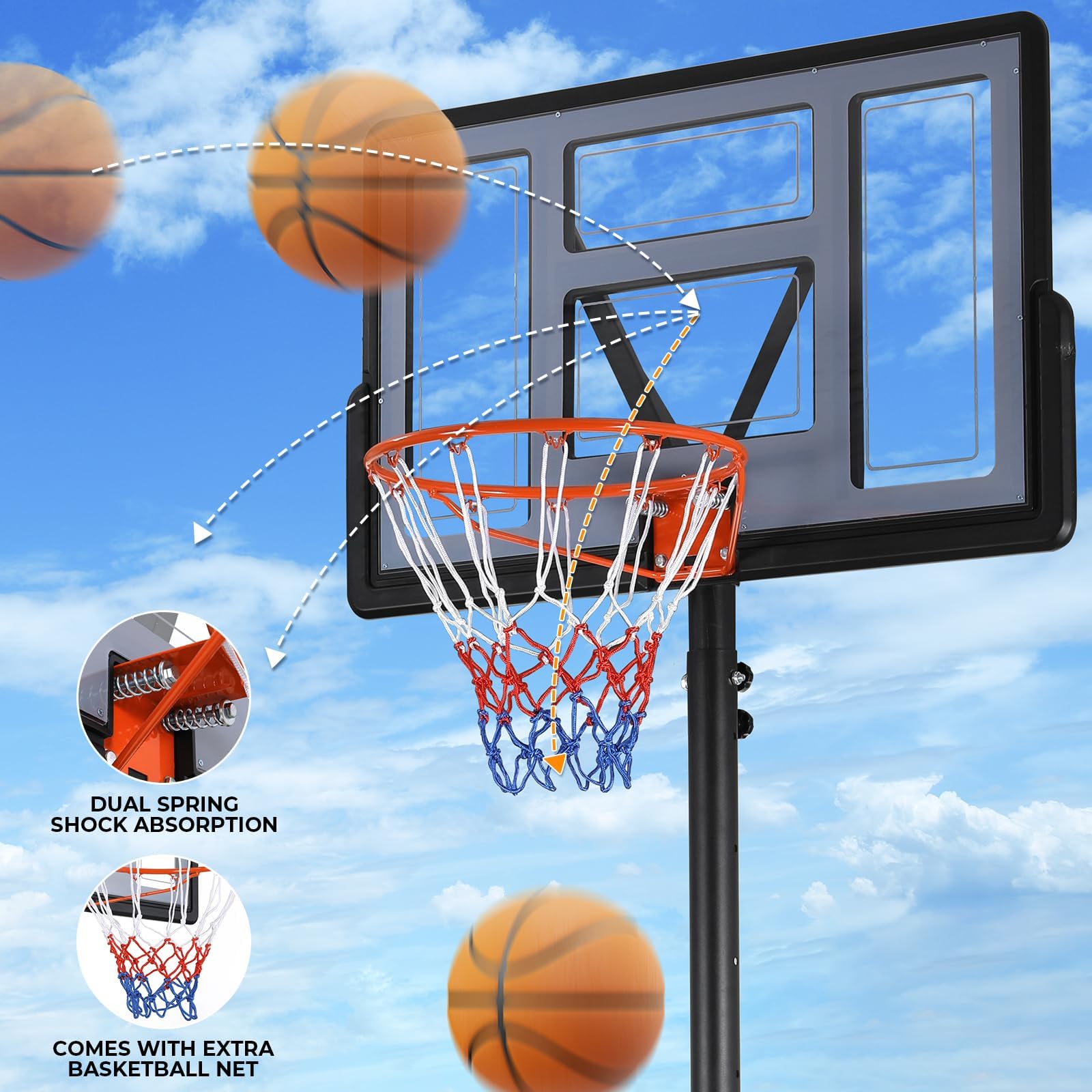 Canasta de baloncesto al aire libre para niños y adultos, altura ajustable, 135-305 cm, soporte de 110 x 71 cm, base ampliada y ruedas