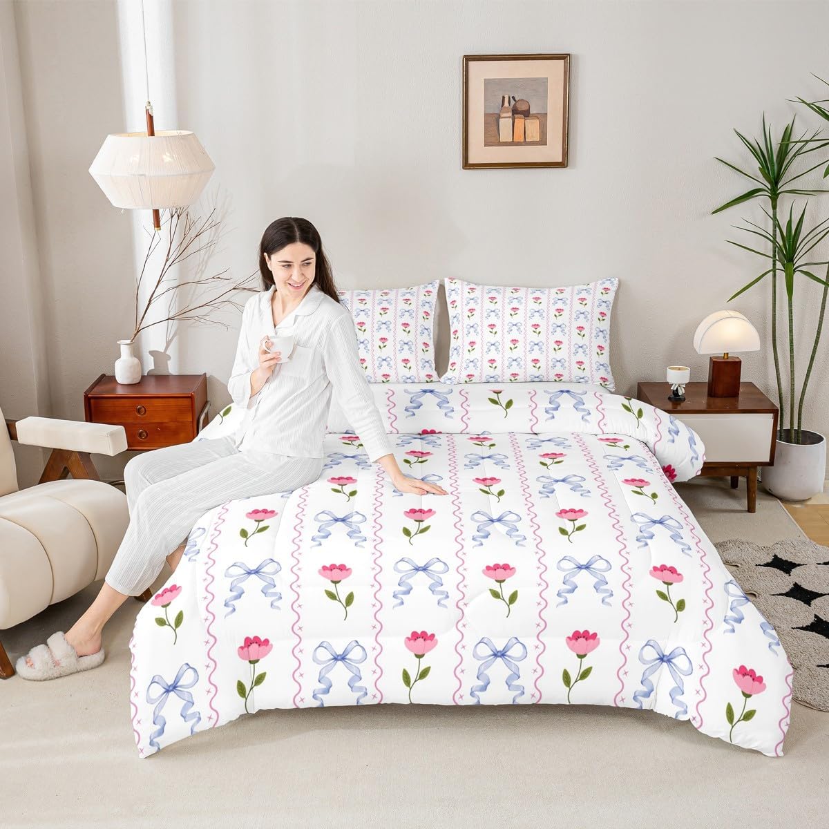 jejeloiu Bow Kids Comforter Set Twin Size Rose Bedding Set for Boys Girls image 5