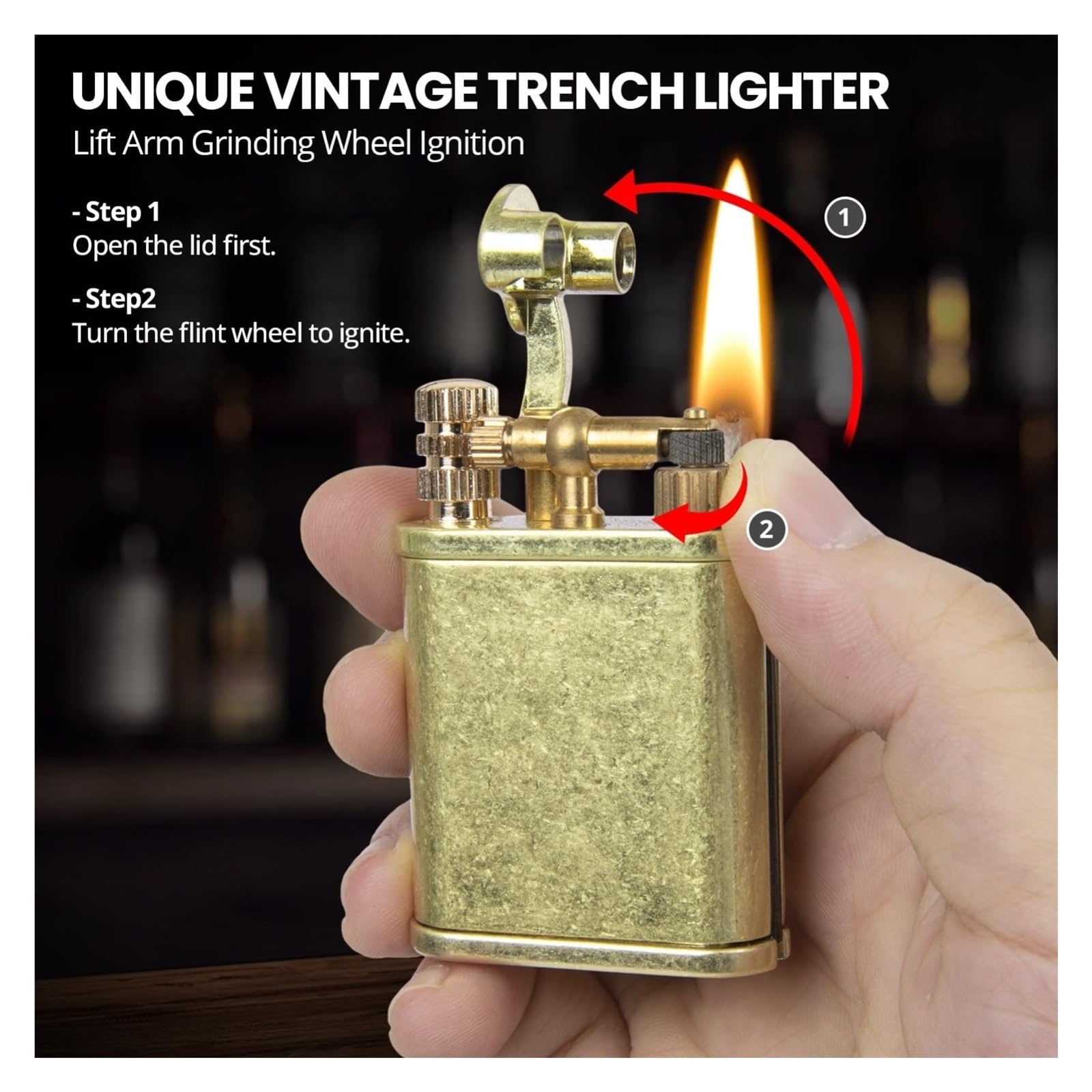 Encendedor de queroseno de latón vintage, resistente al viento y al agua, regalo recargable para hombres, perfecto para camping, colección y uso al aire libre (queroseno no incluido)