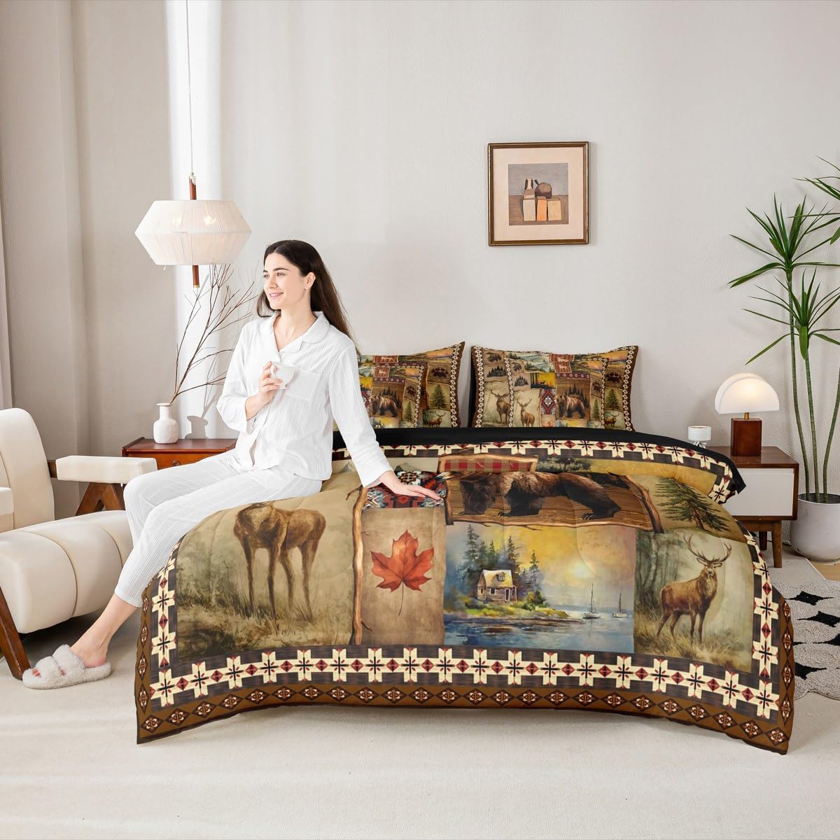 Erosebridal Hunting and Fishing King Size Bedding Set 7 Pcs, Rustic Bear Deer Elk Moose Comforter Set with Sheets, Brown Tribal Buffalo Plaid Bed in A Bag, Southwestern Native Patchwork Bed Sets