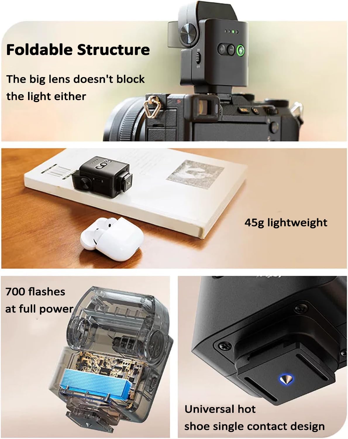 Mini Flash per Fotocamera 6500k, Speedlite con Testa Inclinabile A 85°, 4 Livelli di Potenza (1/8~1/1), Attacco A Slitta Universale A Contatto Singolo, 700 Lampi A Piena Potenza