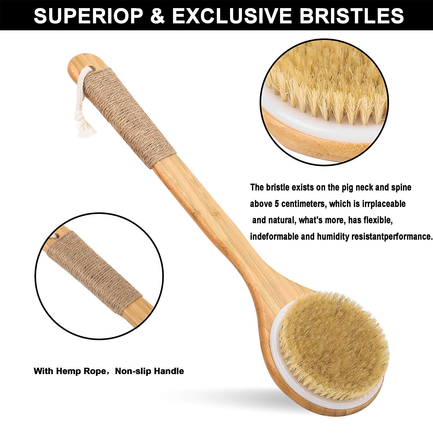 TEMEAYE Ensemble de brosses pour le corps avec manche en bois combiné avec des poils naturels de résistance moyenne, exfoliant doux, élimine la cellulite, drainage lymphatique, rend la peau de tout le