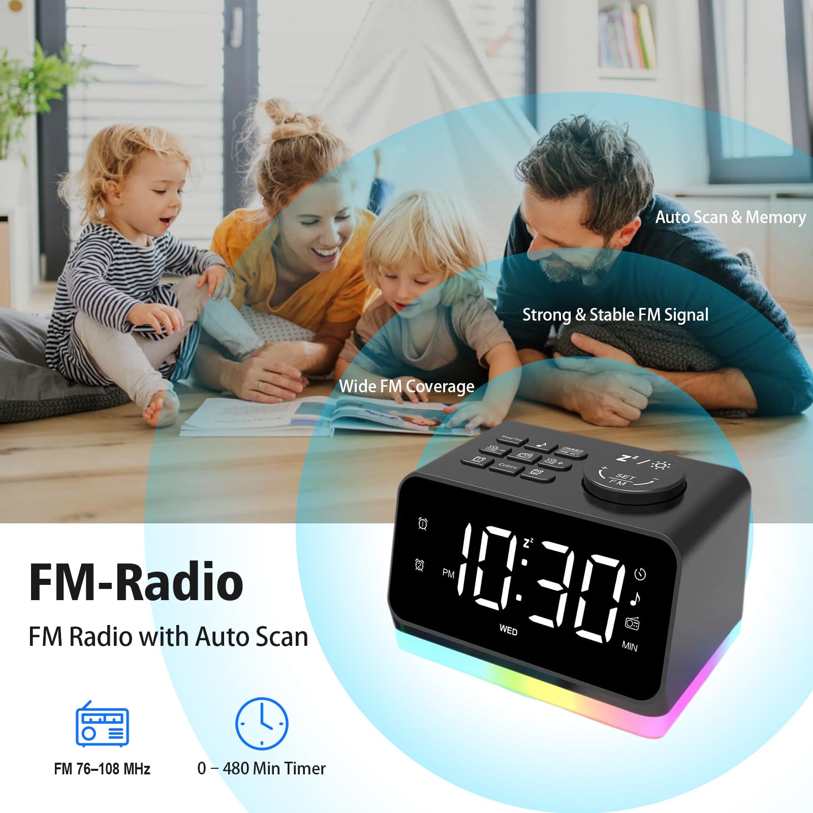 Digitaler Radiowecker für das Schlafzimmer – 8-farbiges Nachtlicht (0-100% dimmbar), Doppelalarm mit 7 Wecktönen, flexibler Schlaf-Timer (10-480 Min), 2 USB-Ladeanschlüsse, zuverlässiger Netzbetrieb