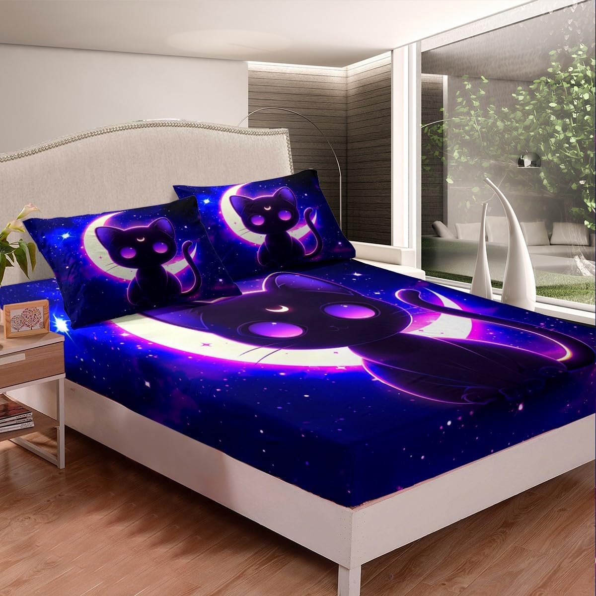 Black Cute Cat Bed Sheet Queen Set,Purple Starry Moon Sky Galaxy Glitter Sheets Sets Bedroom Decor,Exotic Moon Tribal Animal Kawaii Mystic Bedding Set with Flat,Fitted Sheet,2 Pillow Cases