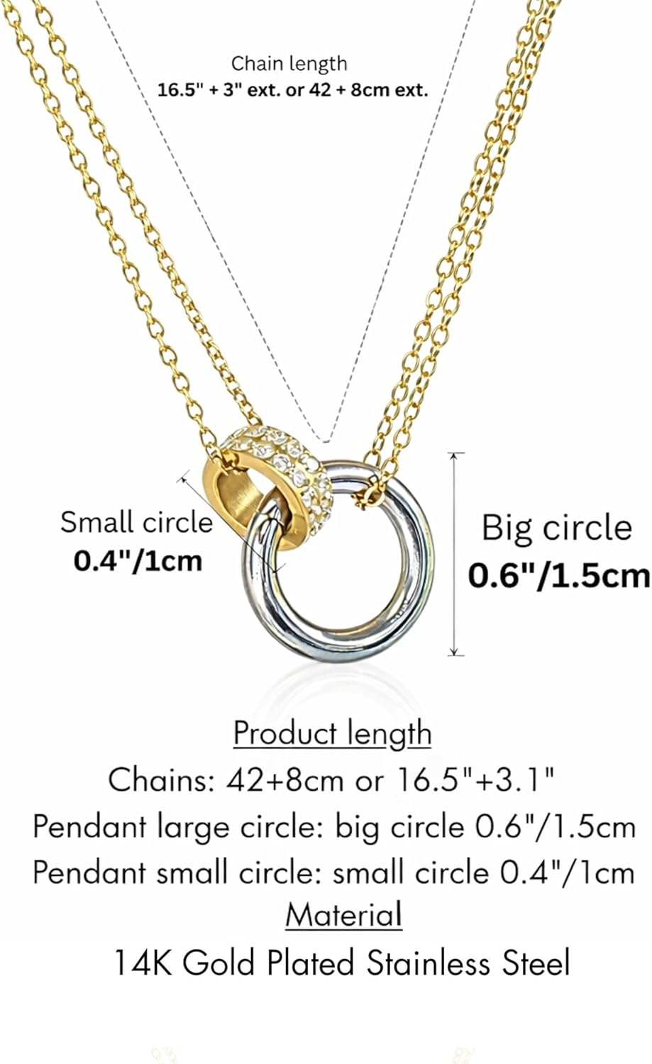 QueenBee Gold and Silver Interlocking Rings Necklace for Women – 14K Gold Plated Layered Chain, Circle Pendant Two-Tone Jewelry Gift for Birthday, Christmas – Hypoallergenic, Mixed Metal