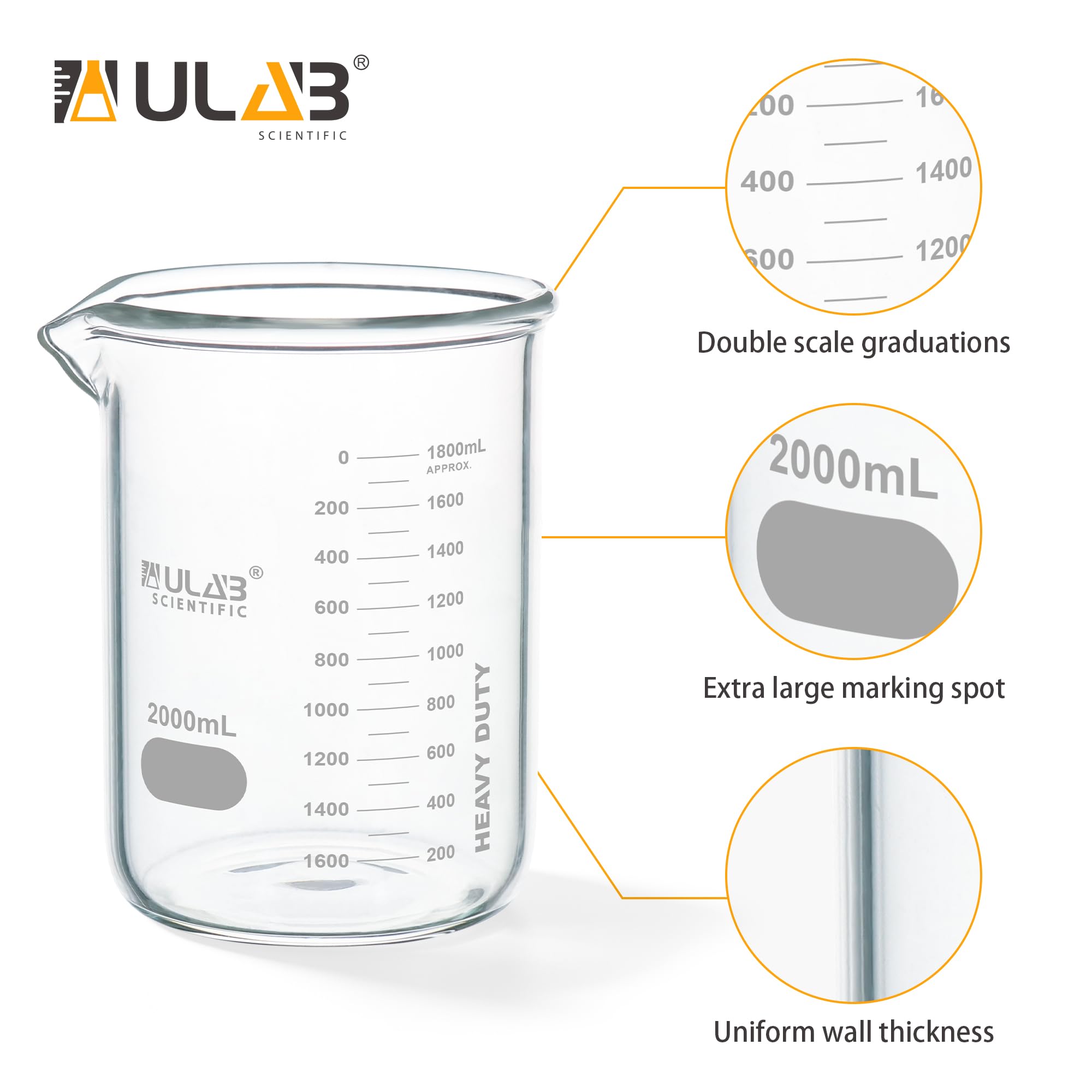 ULAB Vetri Scientifici, Vol. 3000ml, 3.3 Borosilicate Griffin Low Form con Graduazione Stampata, UBG1029