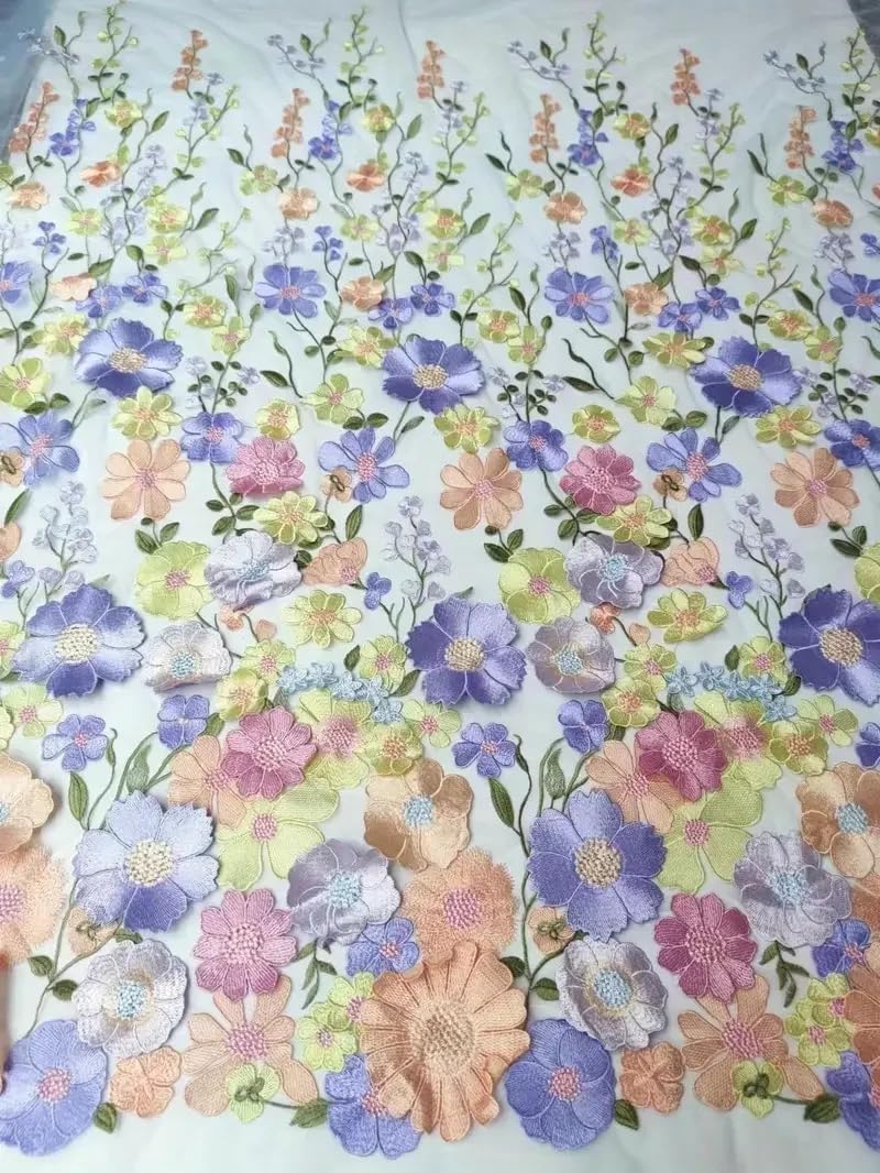 3D Flowers Embroidery Lace Fabric, 59 Inch Wide Soft Tulle Mesh Embroidered Lace Trim for Wedding Dresses Curtain Table Cloth DIY Craft Embellishments (2 Yards,Purple)