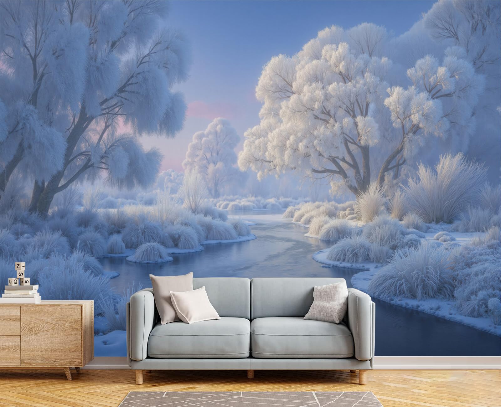 Murales de pared artísticos con efecto pintura de paisaje invernal en papel pintado premium
