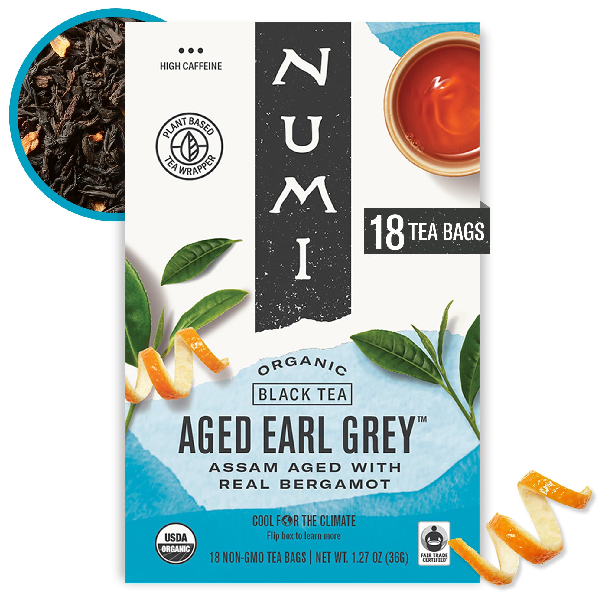 Numi Organic Aged Earl Grey Tea, 18 Black Tea Bags with Real Bergamot, Microplastic Free, High Caffeine