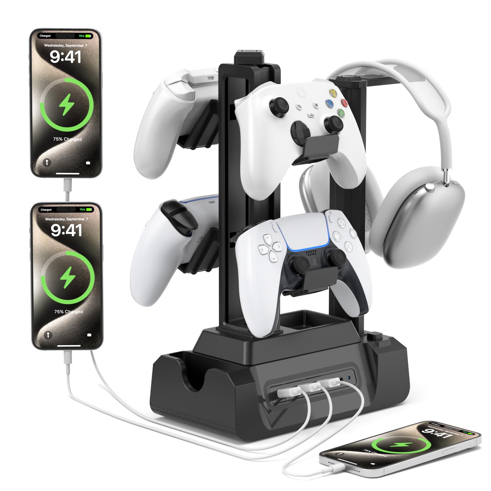 KDD Gaming Kopfhörer Ständer mit USB A Typ-C Ladegeräten, Headset Halterung Controller Halter mit Ladestation, Geräteschlitz für Handy Tablet, Kopfhörer für PC Gaming Zubehör