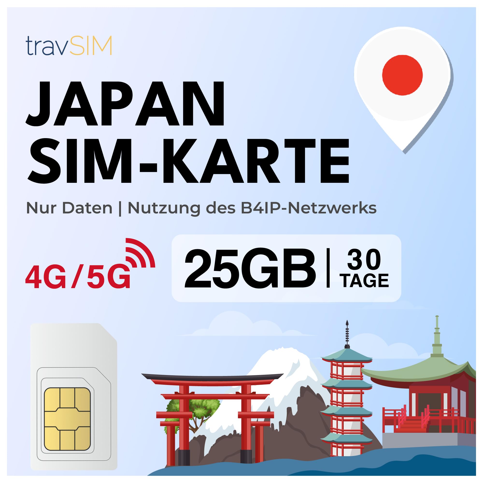 travSIM SIM Karte Japan | 30 Tage - 25GB Daten SIM | 5G/4G Hochgeschwindigkeitsdaten | Japan SIM Karte, für unbegrenzten Internetzugang für Google, Facebook, Whatsapp, Instagram und mehr