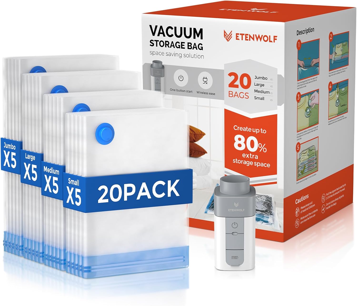 ETENWOLF 20 Pack Vacuum Storage Bags with Rechargeable Wireless Pump, Vacuum Seal Bags for Clothes and Travel, Space Saver Bags in Multiple Carry-On Sizes, Perfect for Luggage and Suitcases