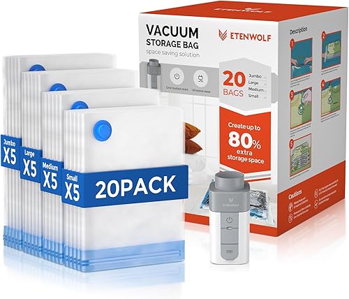 ETENWOLF Paquete de 20 bolsas de almacenamiento al vacío con bomba inalámbrica recargable, bolsas de sellado al vacío para ropa y viajes, bolsas