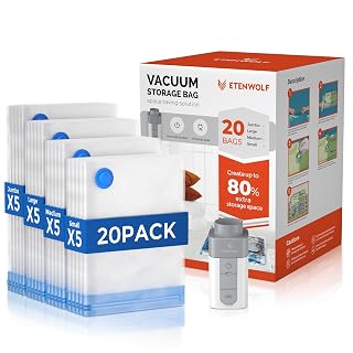 ETENWOLF 20 Pack Vacuum Storage Bags with Rechargeable Wireless Pump, Vacuum Seal Bags for Clothes and Travel, Space Saver Bags in Multiple Carry-On Sizes, Perfect for Luggage and Suitcases - Amazon product rated Grade B