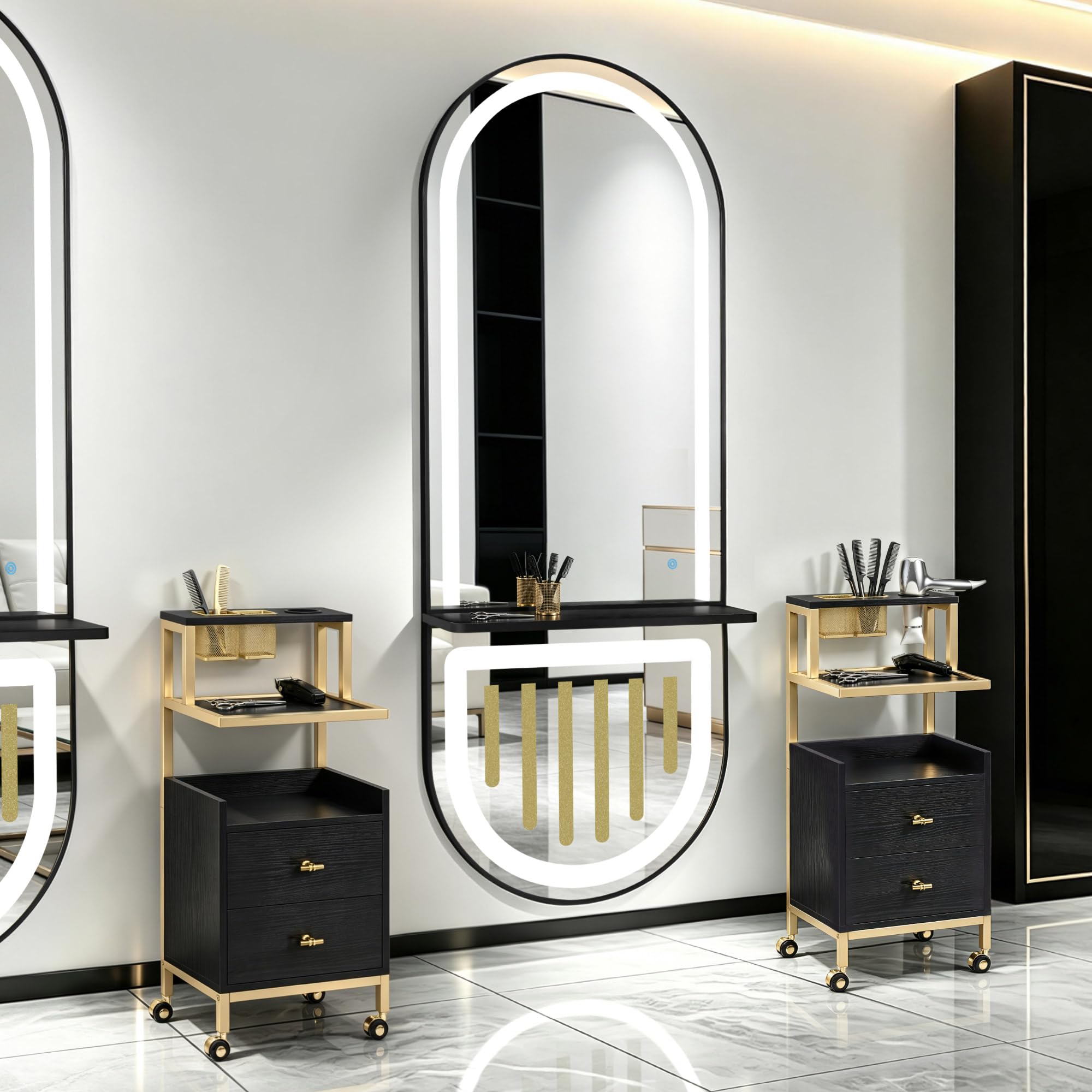 Barberpub Wandspiegel mit Beleuchtung, Ganzkörperspiegel mit Aluminiumrahmen, Spiegel Groß mit Ablage, Touch-Schalter, 3 Lichtfarben Dimmbar, Mondern für Friseursalon, 17x65x177 cm, J6257 (Schwarz)