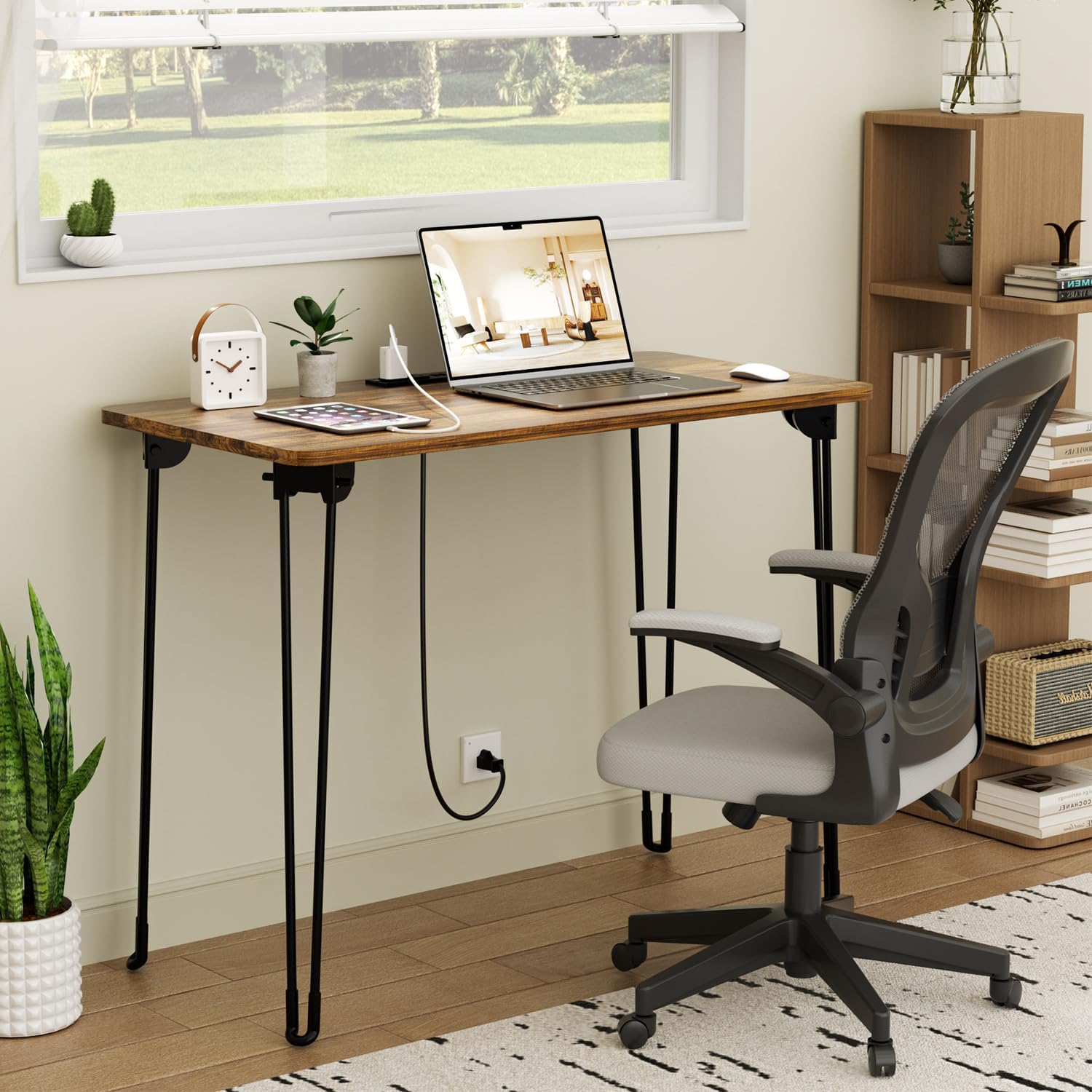 Folding Desk, 31.5" Hairpin Legs Small Desk with Power Strip for Bedroom, Space Saving Foldable Computer Desk for Home Office, No Assembly Need,Brown