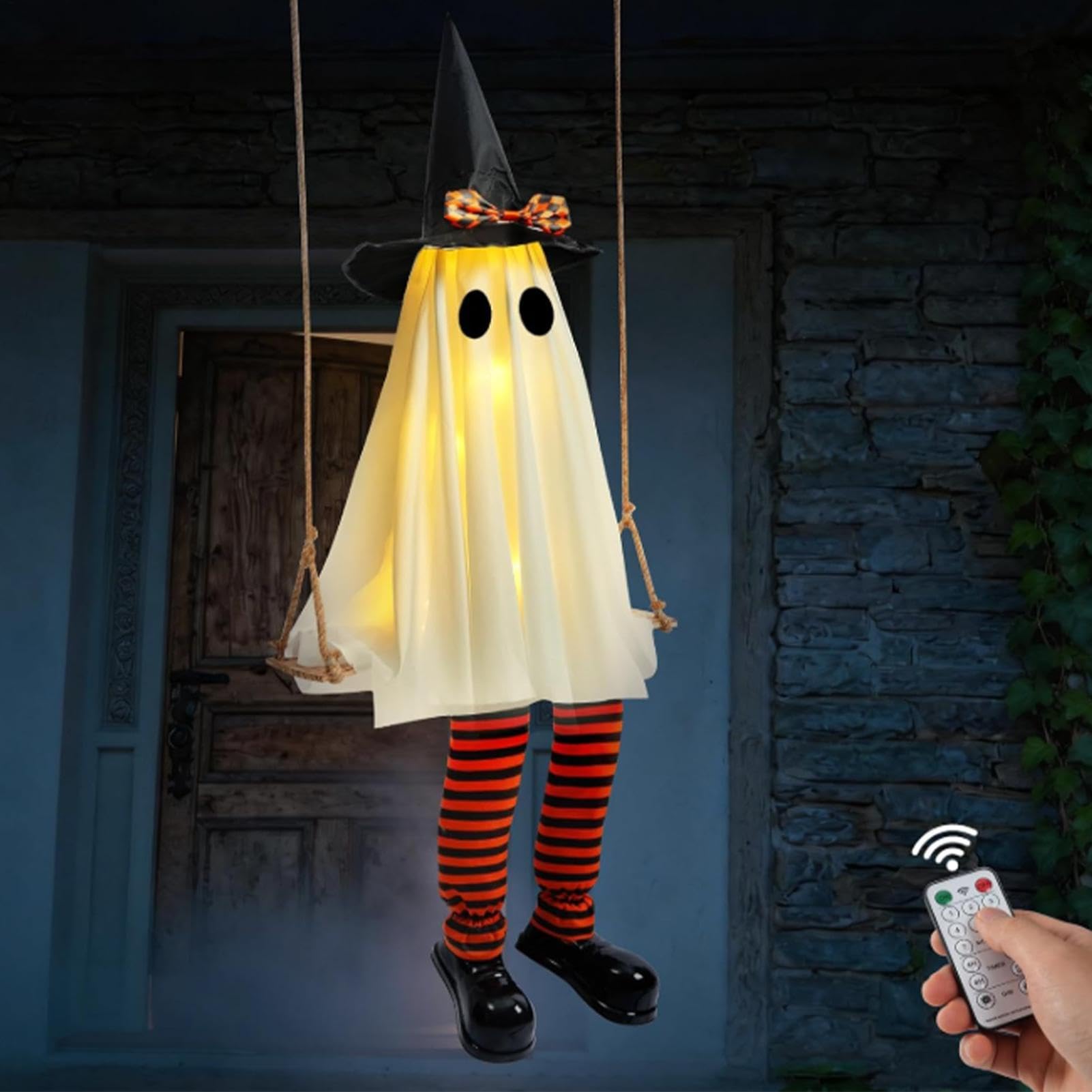 Swinging Ghost 1,8 m straszny gotycki rekwizyt z kapeluszem czarownicy łańcuch świetlny