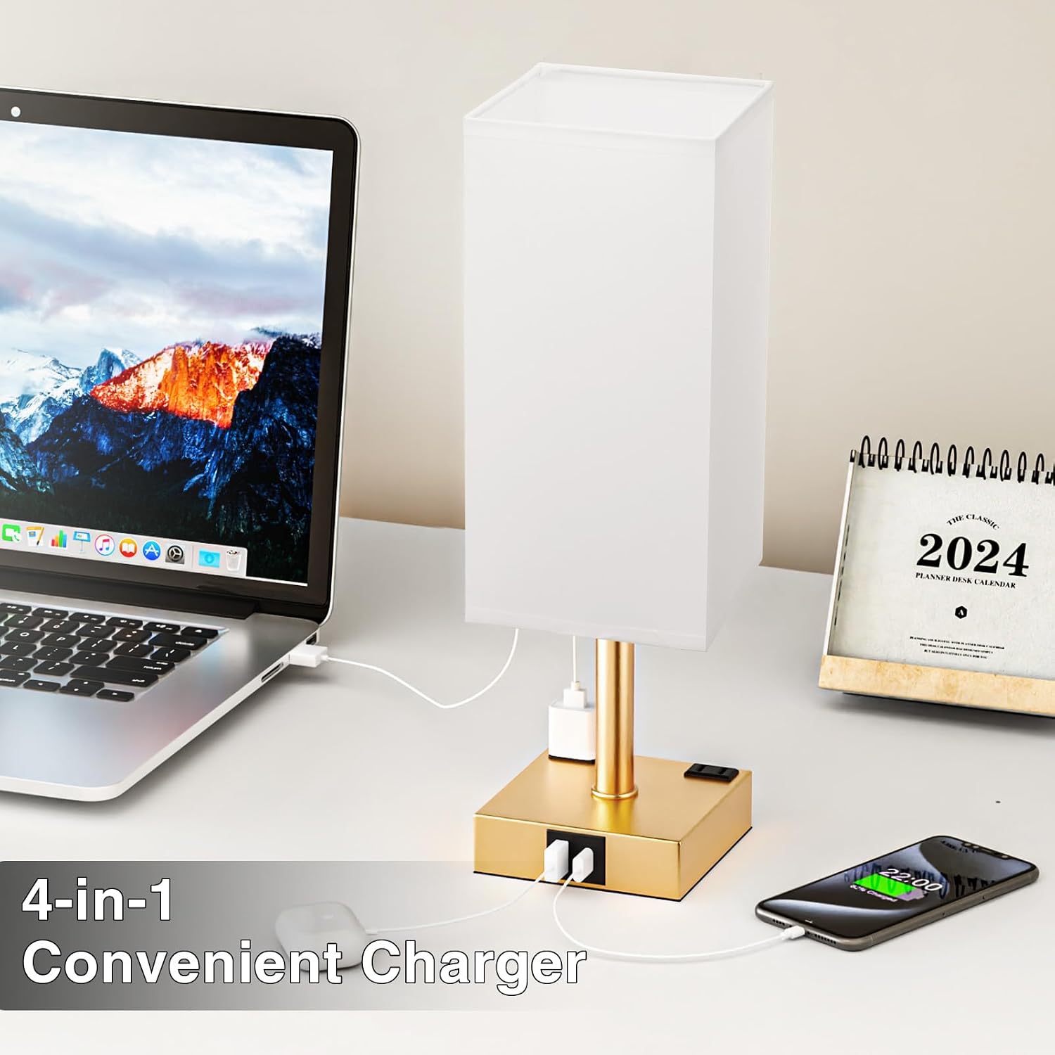 aooshine Gold White Touch Table Lamp - Bedside Lamp with USB A + Type C Charging Ports and Two AC Outlets, Small Night Stand with E26 LED Bulb, Desk Light for Bedroom Living Room Office Dorm thumbnail