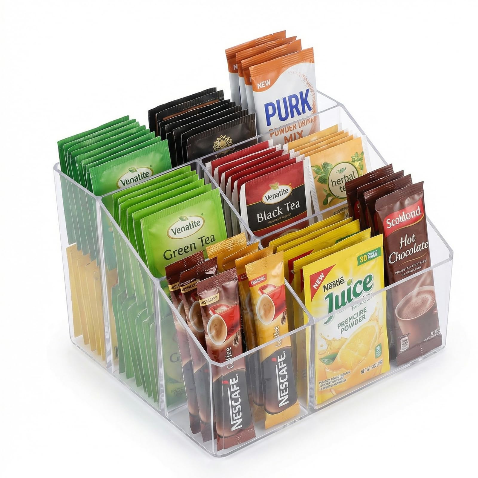 Punorric Tea Bag Organiser - PET Plastic Tea Bag Storage & Coffee Pod Storage, 5-Compartment Transparent Tilted Open Design, Coffee Station Organiser for Kitchen Counter Cabinet Organizer