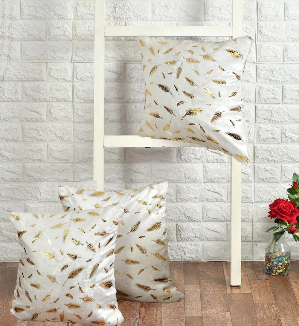 DECOMIZER Soft Velvet Fur Fabric Feather Print Decorative Faux Fur Cushion Covers 16x16 Inch Set of 3 for Couch, Sofa, Bed, Design- Feather Gold Foil,Color- Off-White (B0CPD15N66) Amazon Price History, Amazon Price Tracker