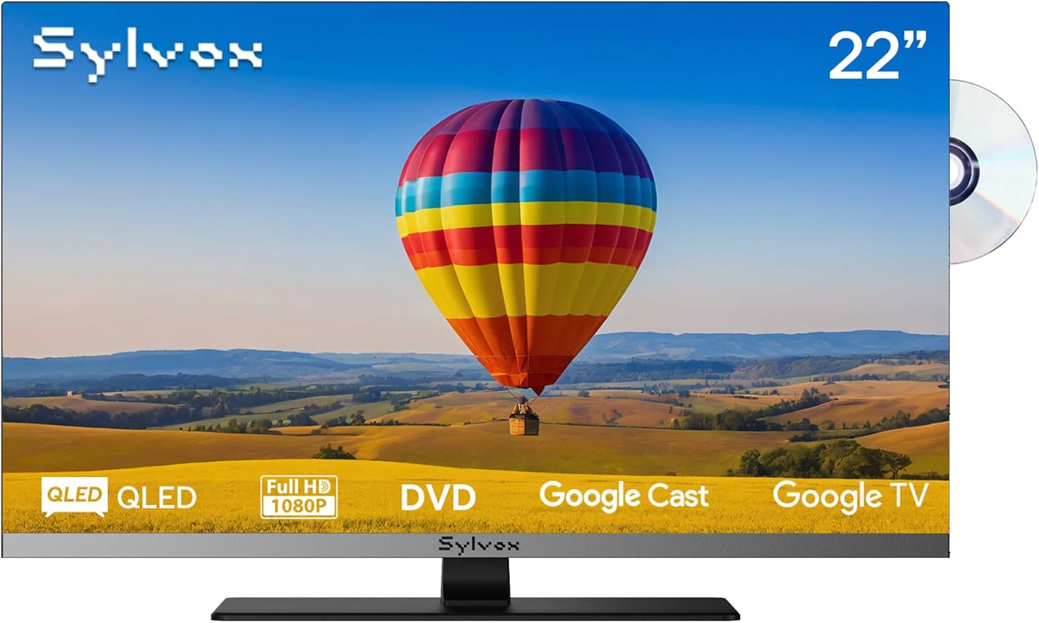 SYLVOX 22" 12V/24V Smart RV TV with Google TV & Built-in DVD Player, Frameless 1080P Full HD QLED Display, Shock-Resistant, Wide Voltage Support (9–32V), Voice Control Remote (Limo QLED Series)