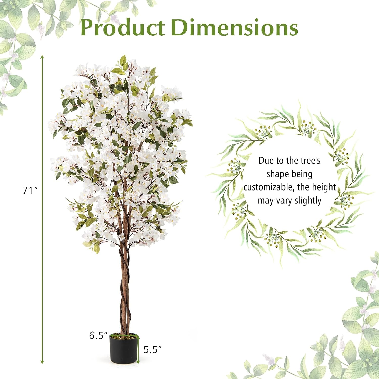 Goplus 6 FT Bougainvillea Artificial Tree, 2 Pack Faux Flower Tree in Pot with 910 Flowers, 105 Leaves, Real Wood Trunk, Tall Fake Floor Plant for Indoor Bedroom Living Room Decor, White