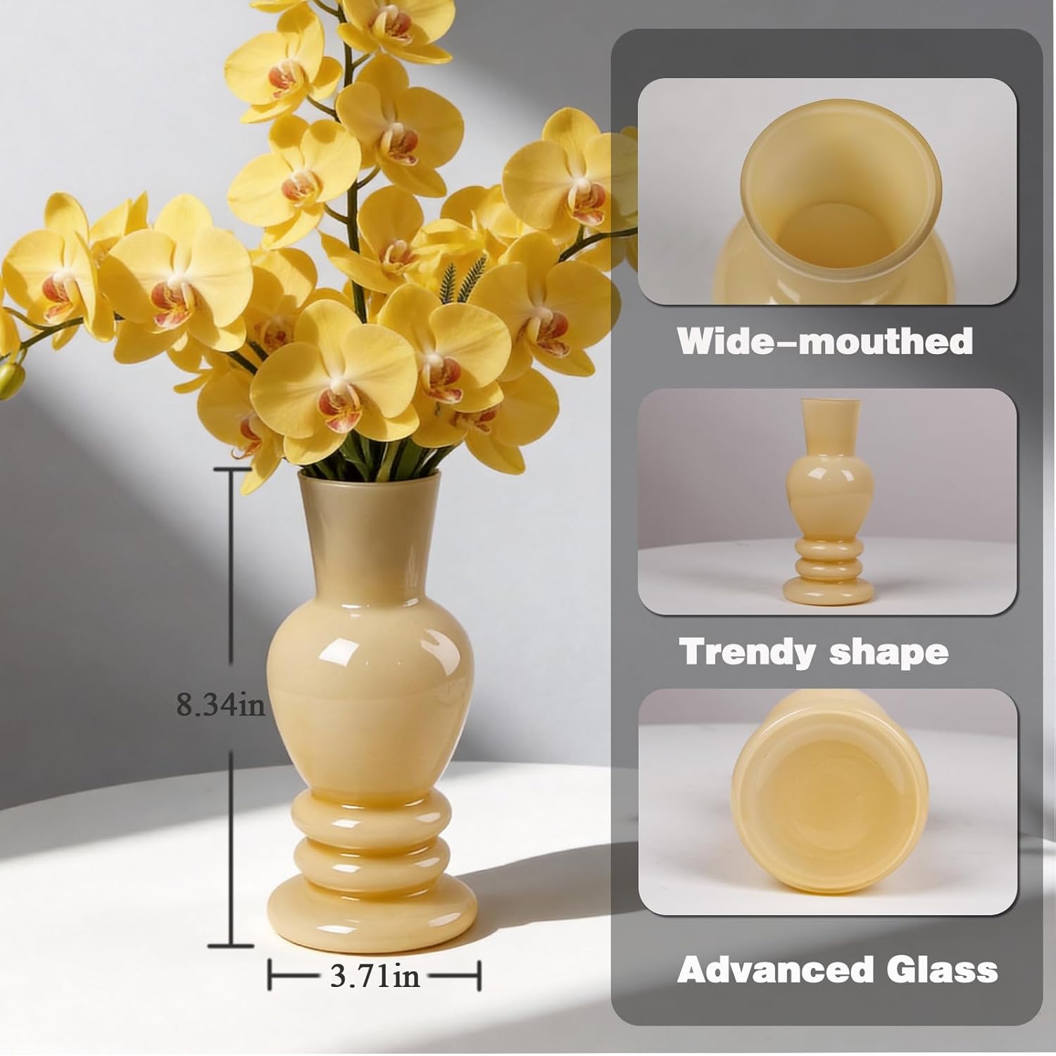 Handmade Glass Vase with Ceramic-Like Finish - 8" Roman Column Vase for Flowers Double-Layered Matte Morandi Vase for Modern Home Decor (Yellow)