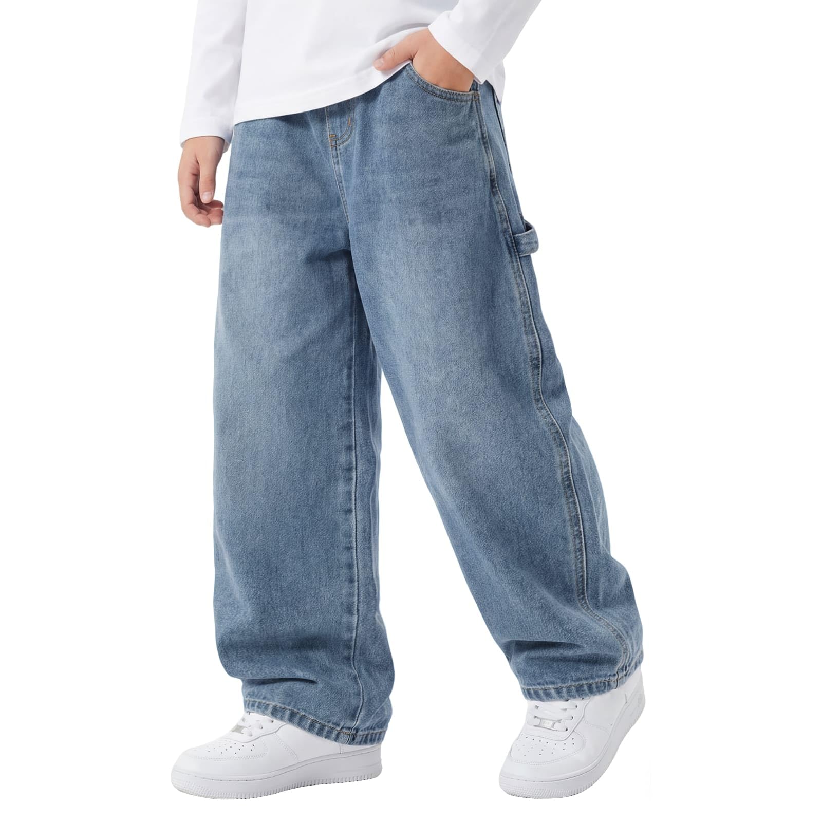 Vaqueros Baggy Jeans para Niños, Holgados Denim Pantalones con Cintura Elástica y Multi-Bolsillos Niño Largos Stretch Denim Jeans Vintage Streetwear Pants para 7-15 Años